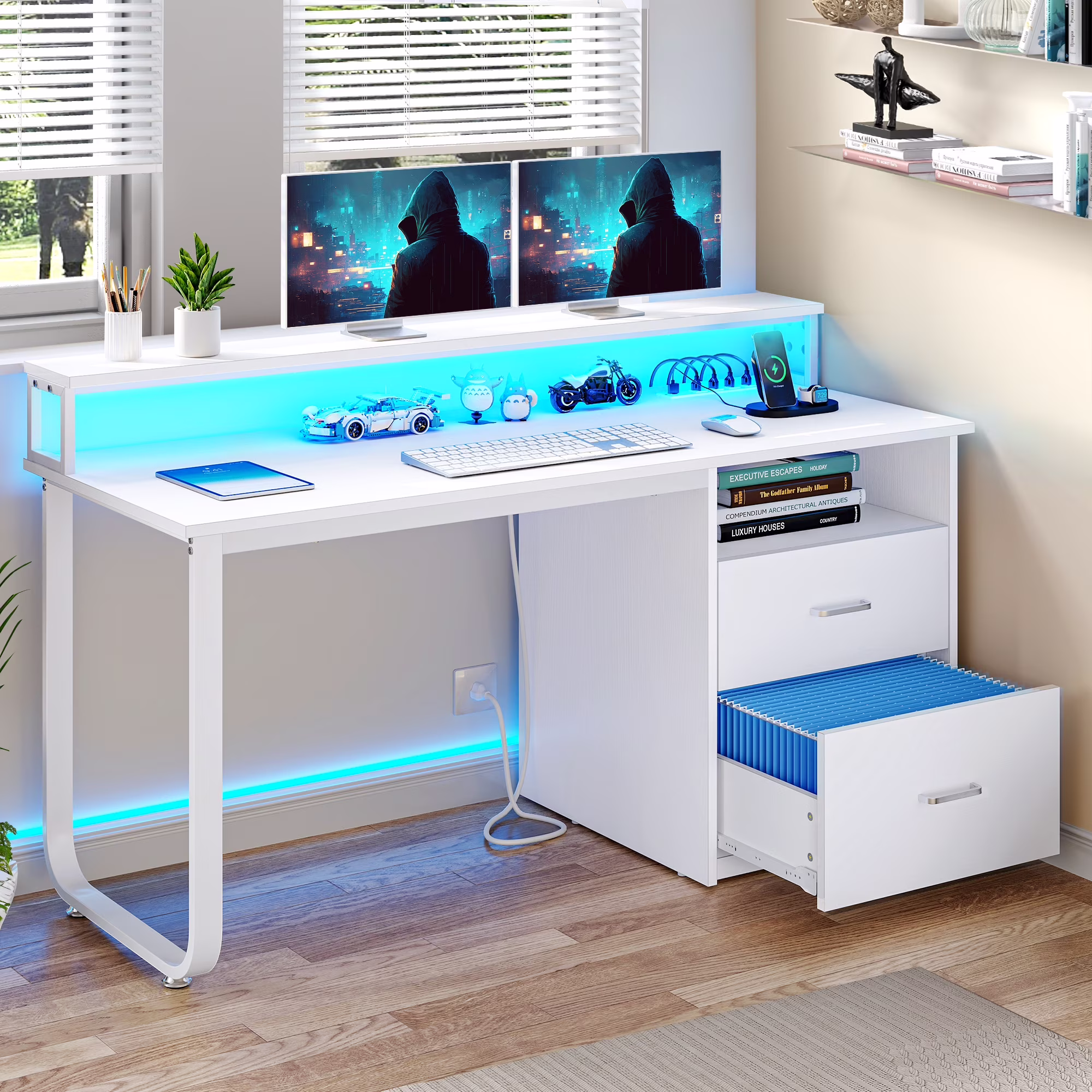 Dextrus 47 inch Computer Desk with Storage Drawers & LED Light, Office Desk with Monitor Stand & Power Outlets, Work Study PC Desk for Small Spaces, Home Office, Oak - Image 3