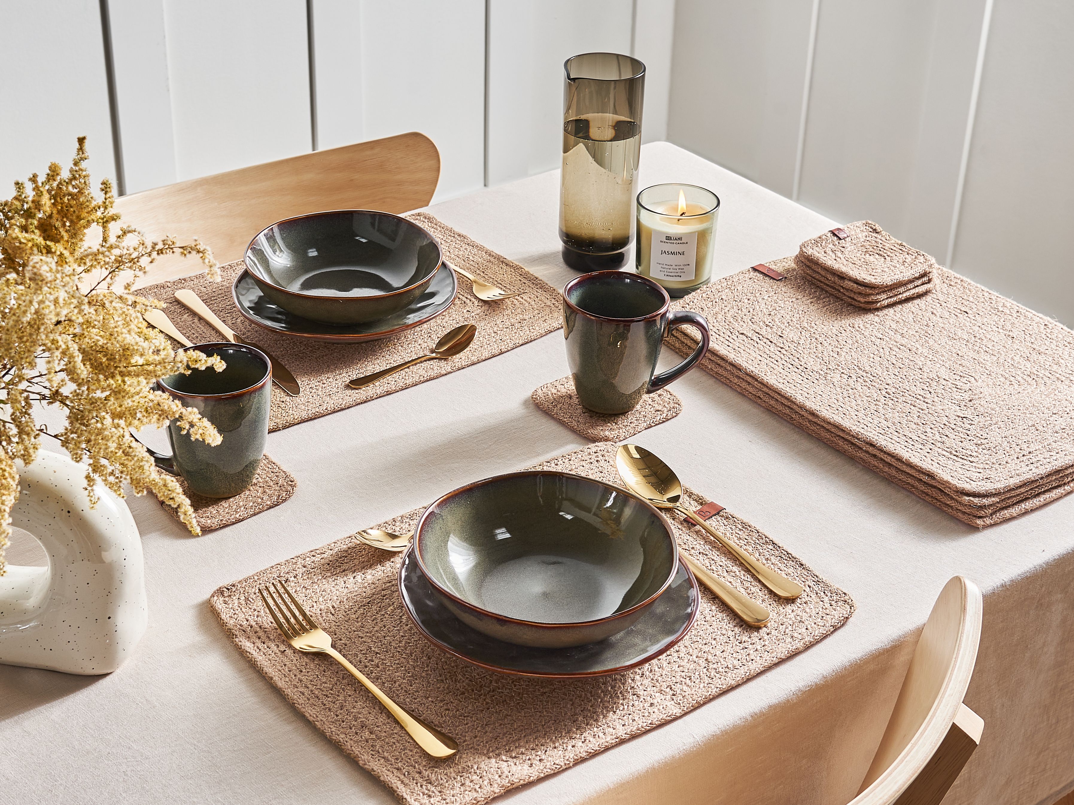 12 Piece Placemats and Coasters Set SALTBUSH Natural Jute