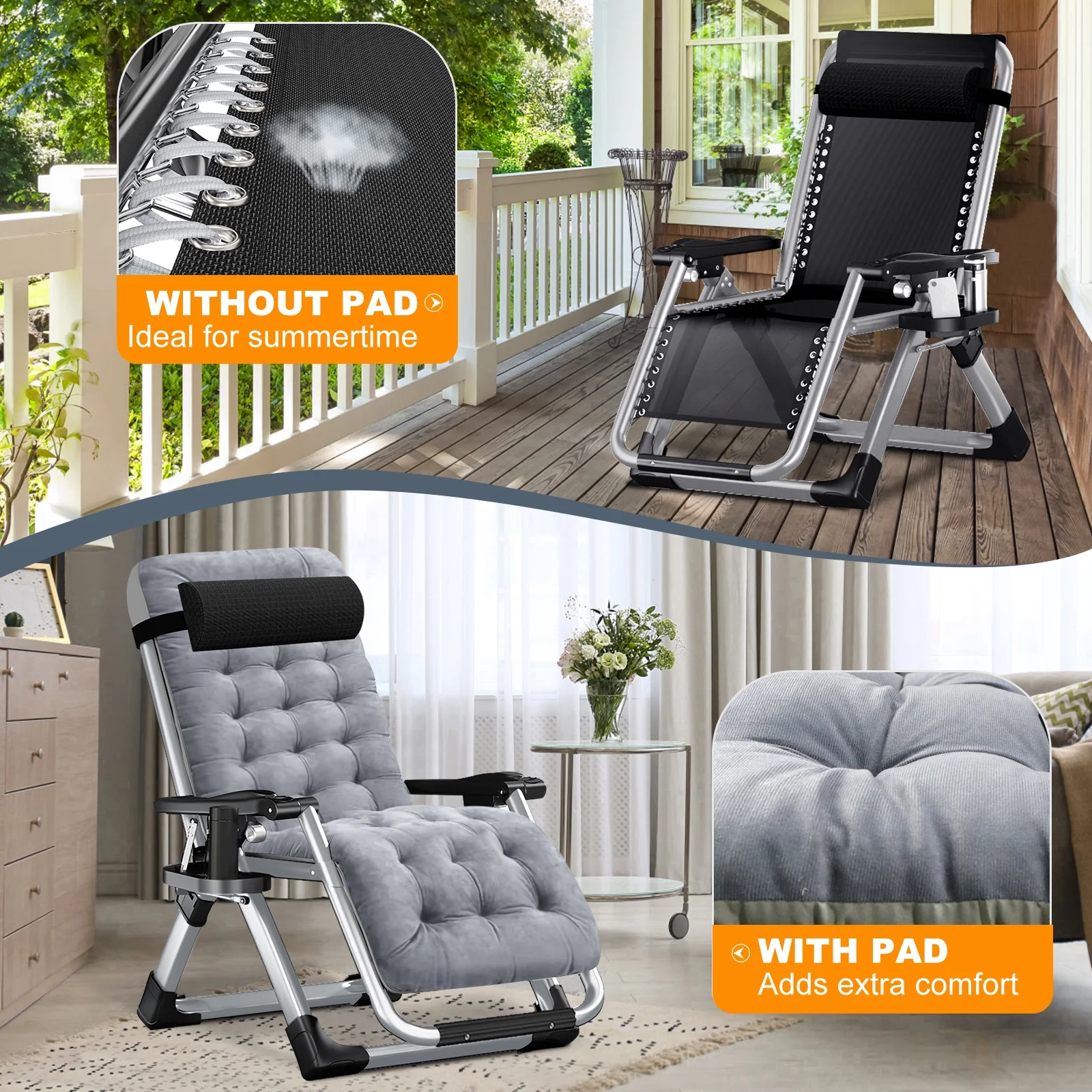 NAIZEA Zero Gravity Chair with Removable Cushion and Cup Holder Black - Image 10