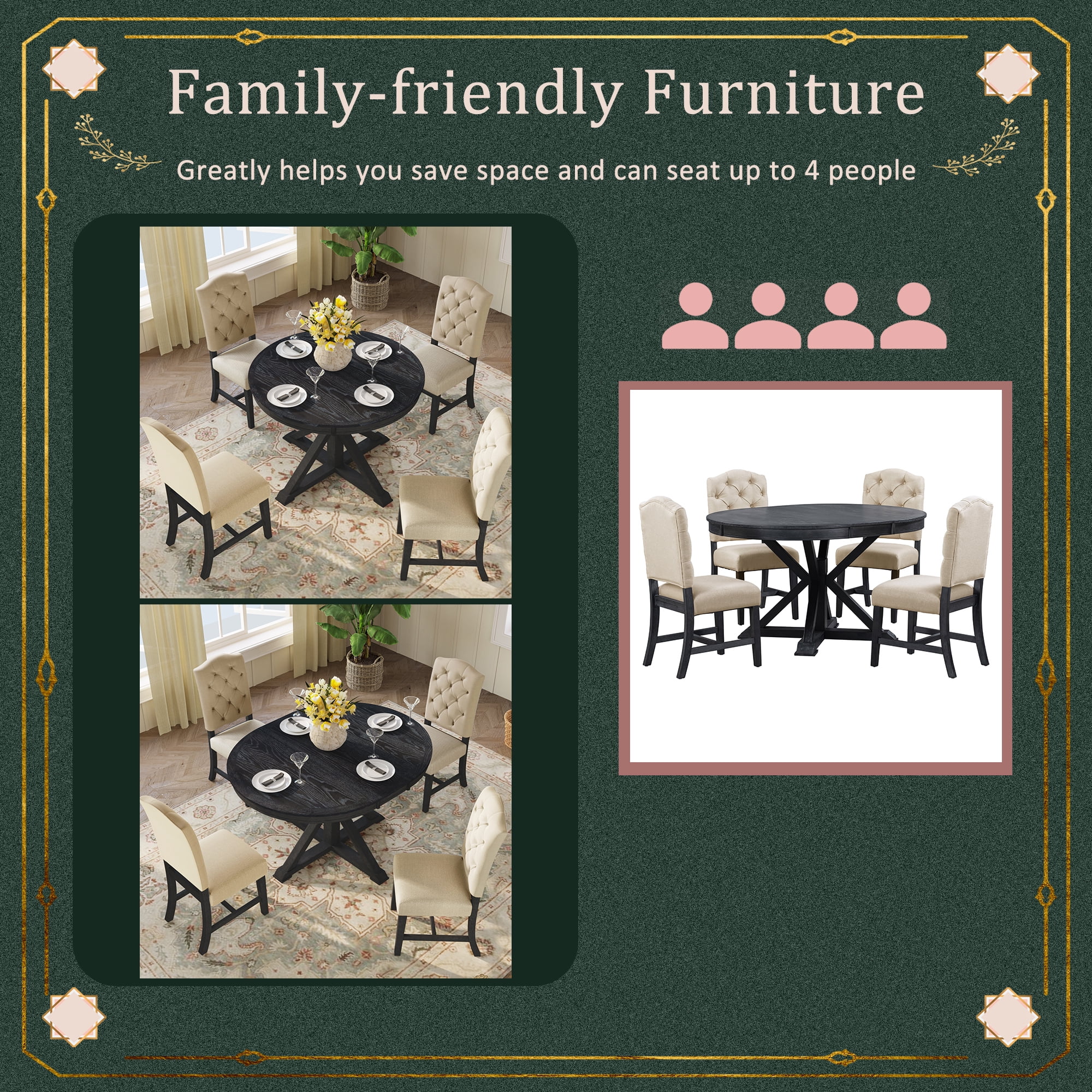 Besthome Farmhouse Extendable Round Kitchen Dining Room Table Set with Upholstered Chairs of 4, 5 Piece Round Dining Table Set with Extendable Table, Espresso - Image 10