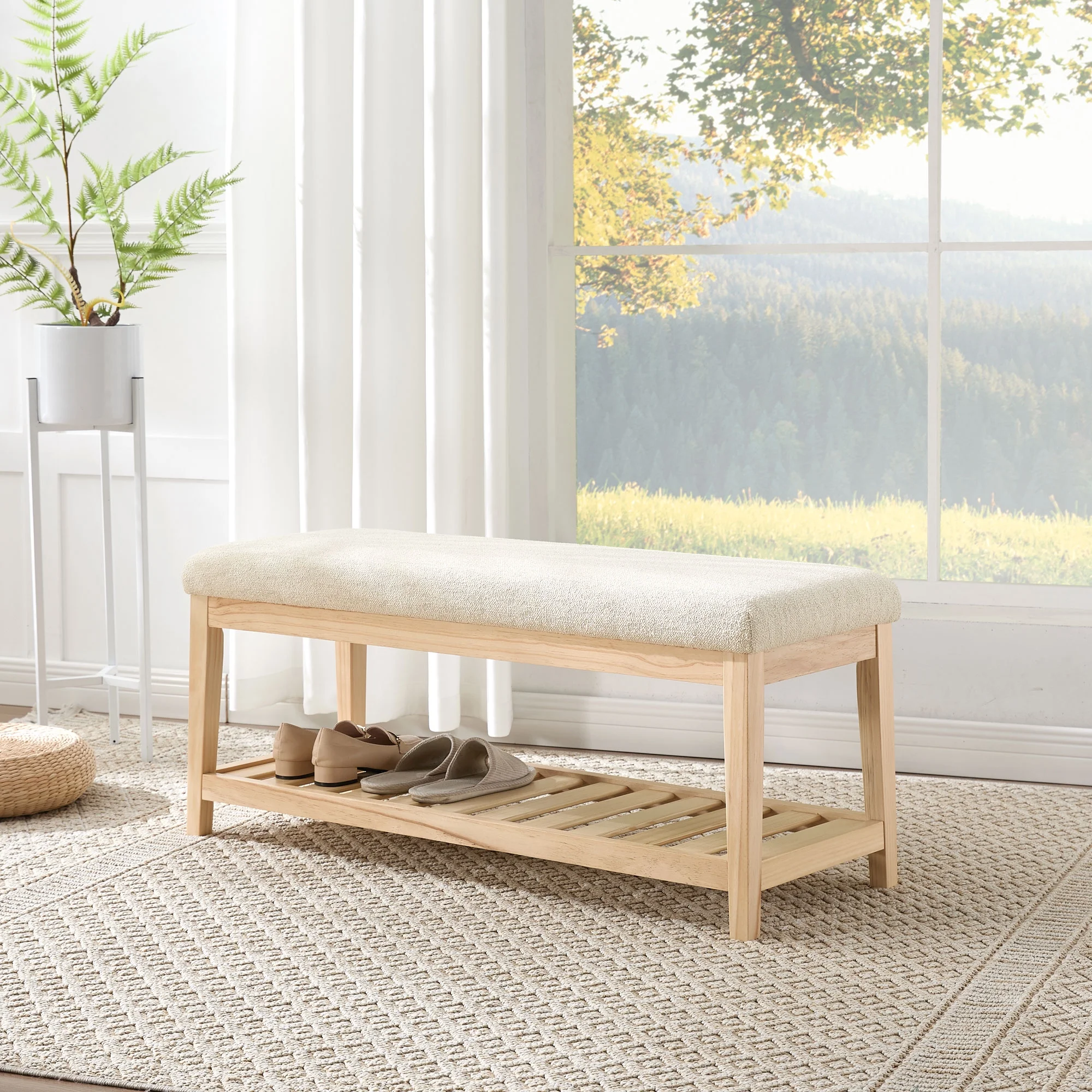 Zesthouse 42.9�?Shoe Bench with Storage, Entryway Bench for Living Room, Bedroom and Hallway, Linen Fabric Upholstered Bench with Solid Wood Shelf, Gray - Image 15