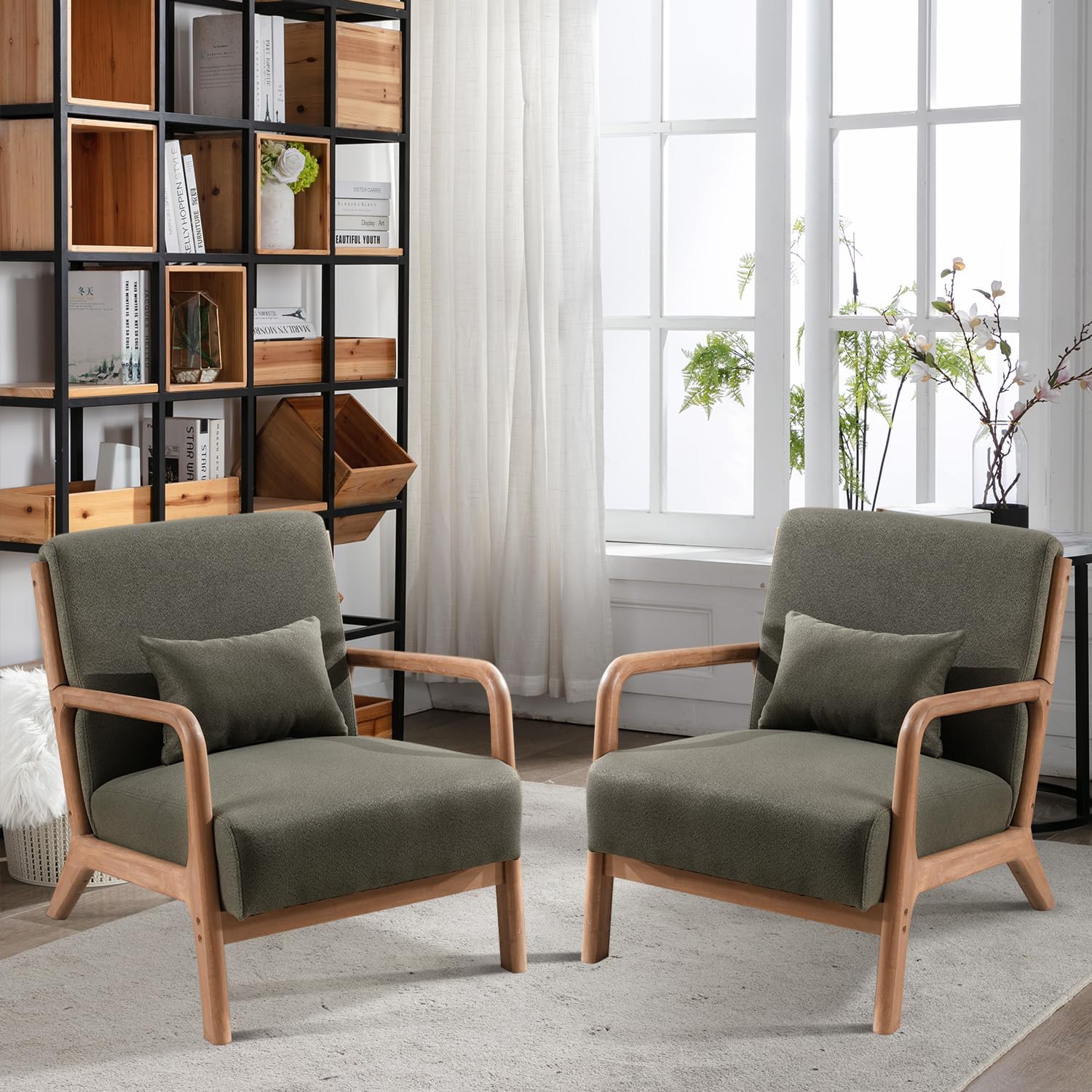 INZOY Mid-Century Modern Accent Chair Set of 2, Green Reading Armchair with Waist Cushion, Upholstered Living Room Chairs for Bedroom Sunroom