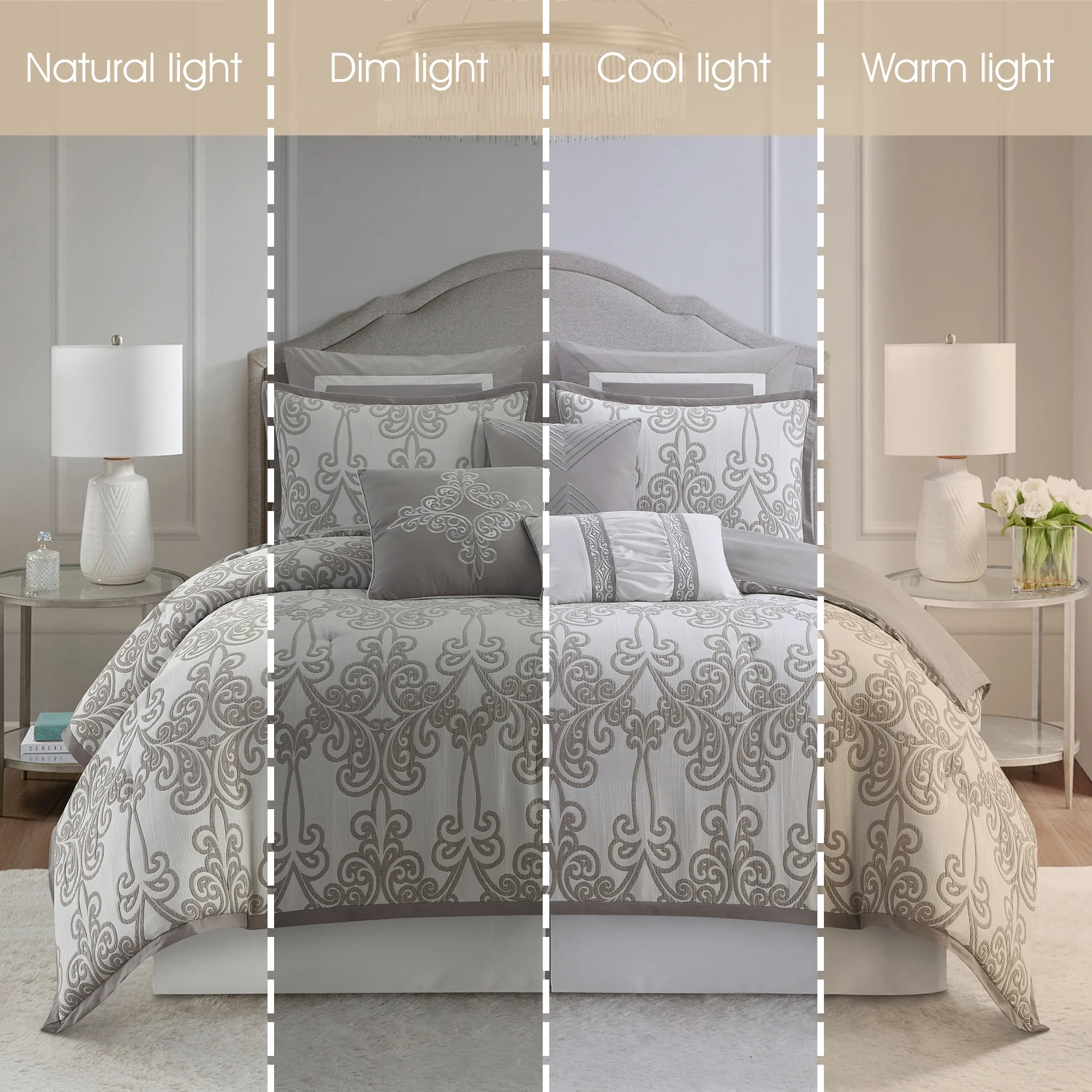 Lanco Smoke Grey Comforter Set California King Size, 9 Piece Jacquard Floral Bedding Set, All Season, Ultra-Soft, Matching Pillows & Shams, Bed Skirt - Image 2