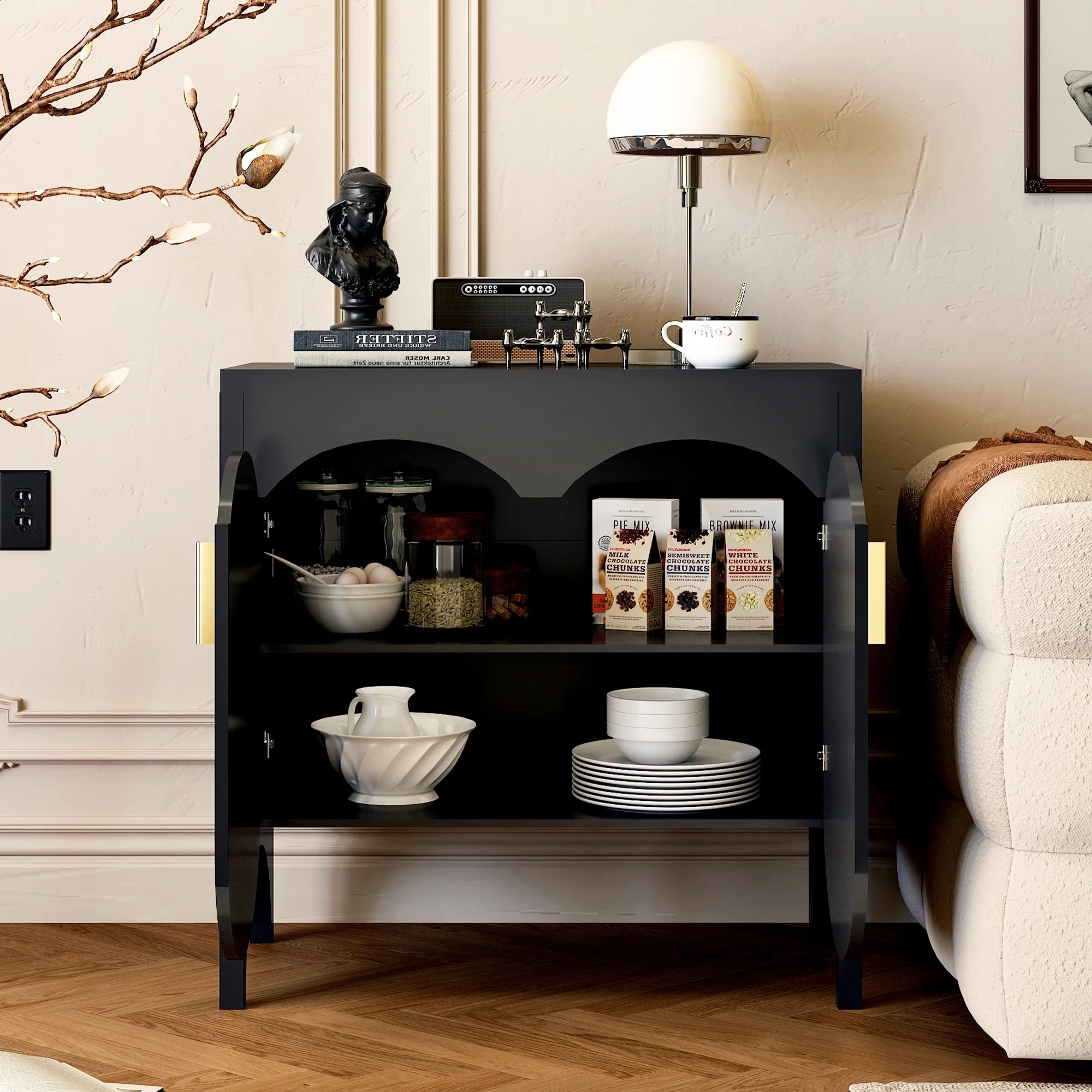 LEFHDA 2PCS Buffet Cabinet, Sideboard Cabinet with Storage, Accent Storage Cabinet with Carved Arc Door Design for Kitchen Dining Room, 2 Doors Buffet Cabinet with Adjustable Shelves - Image 63