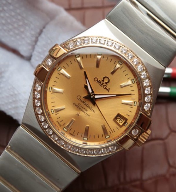 Replica Omega V6 Constellation 35mm Diamonds Bezel YG Dial SS Bracelet A2500 - Elite Watch Atelier