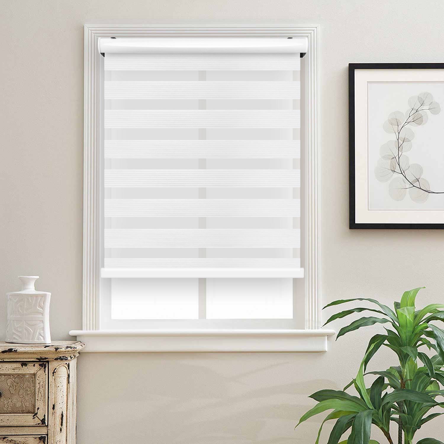 Zebra Cordless Window Blinds, Dual Layered Light Filtering Roller Shades, Easy Install Blinds, Indoor Home Decor, Pull-Down Shades for Windows, Light Control for Day & Night, White, 66
