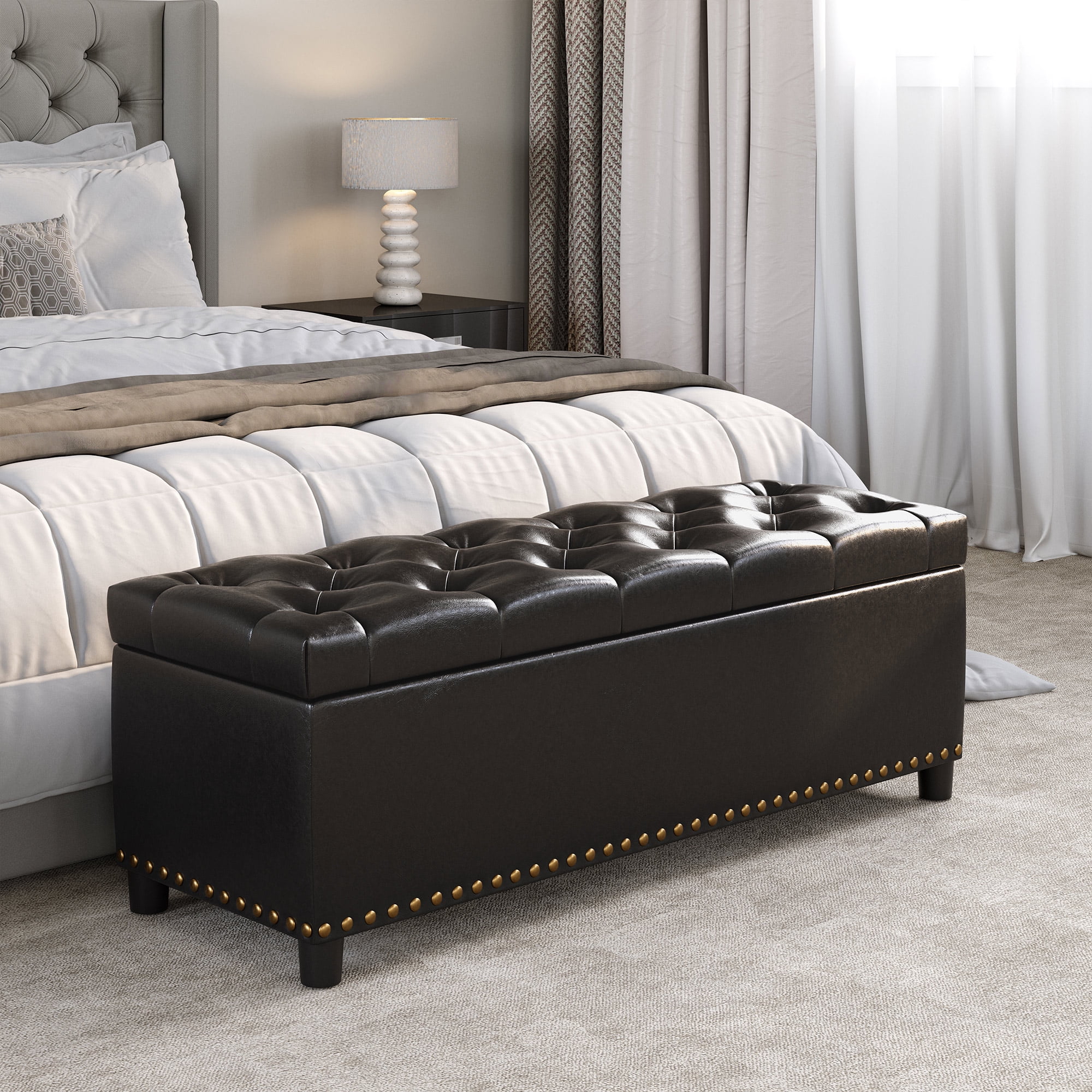 BELLEZE Button-Tufted Faux Leather Storage Ottoman Bench - Brentwood (Dark Brown)