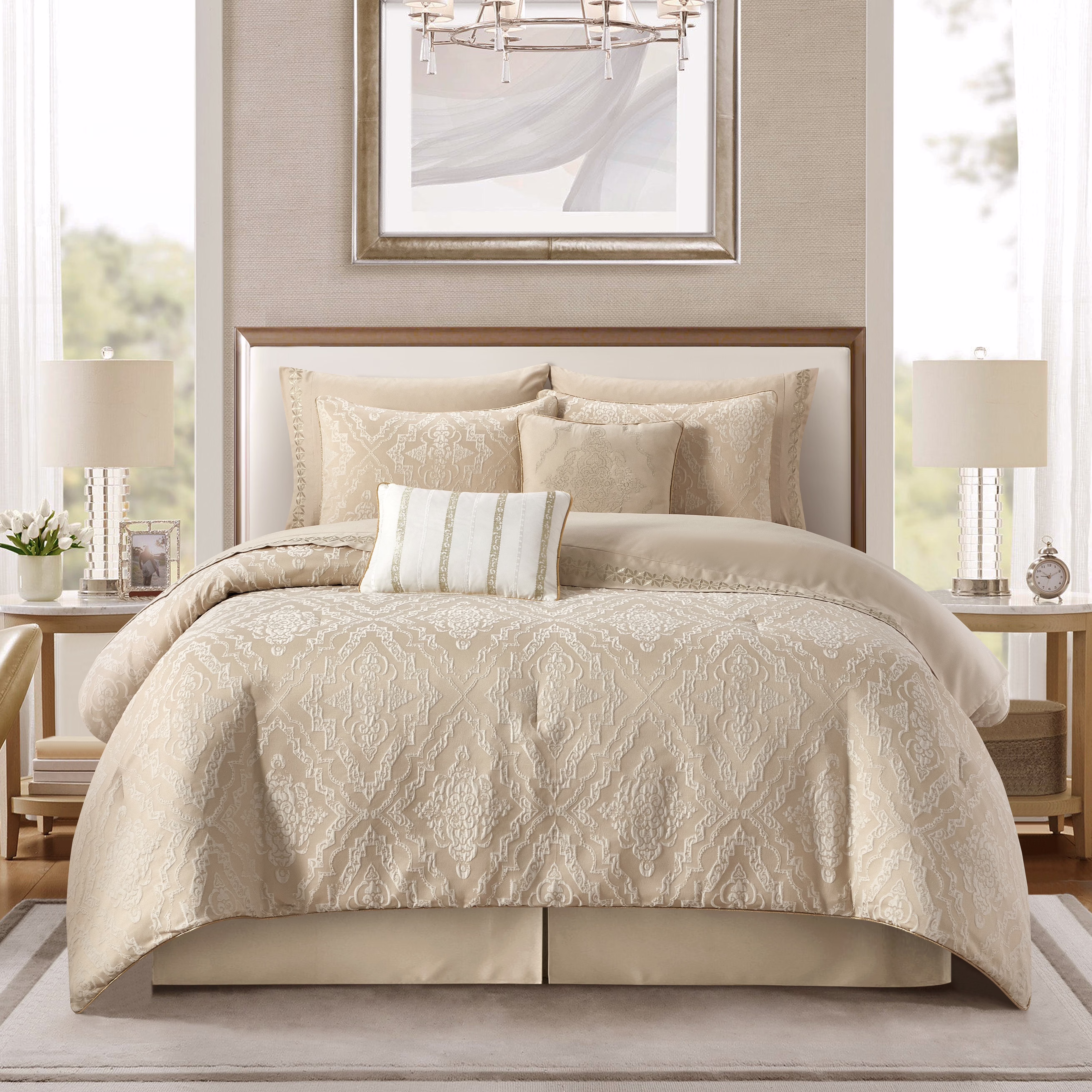 Lanco Smoke Grey Comforter Set California King Size, 9 Piece Jacquard Floral Bedding Set, All Season, Ultra-Soft, Matching Pillows & Shams, Bed Skirt - Image 35