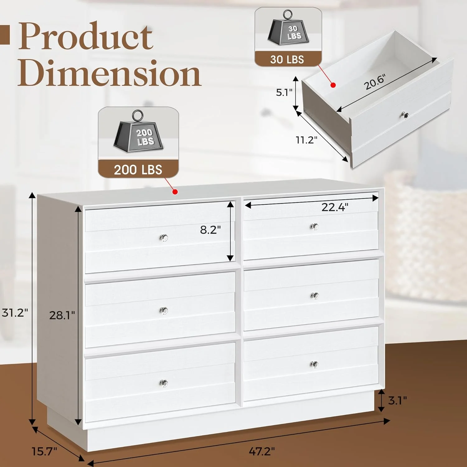 Heynemo Beige 6 Drawer Dresser, Fluted Modern Wood Chest - Image 97