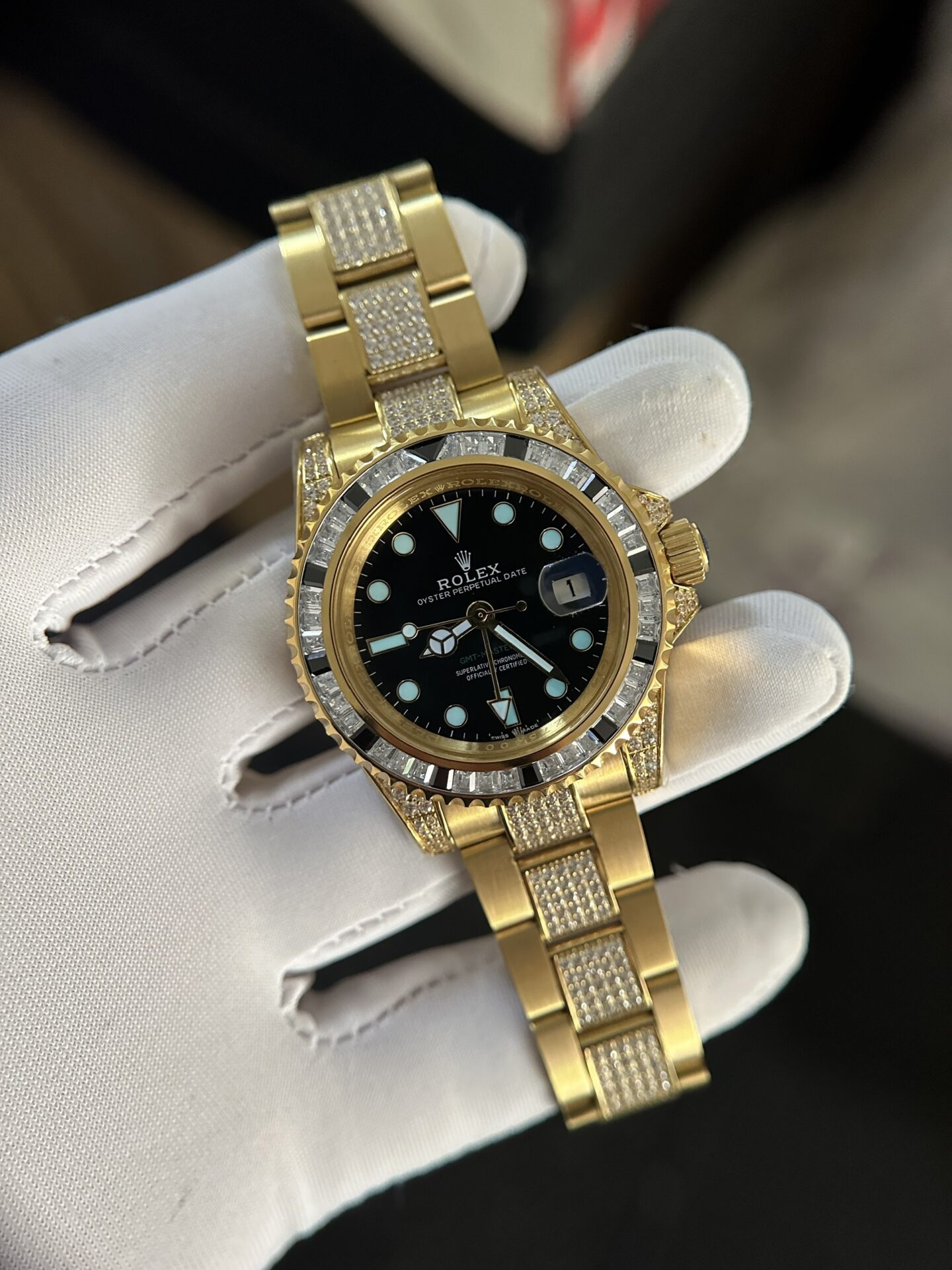 Rolex GMT-Master II Replica 1:1 Watch With Full Diamond Black Dial 40mm - Elite Watch Atelier