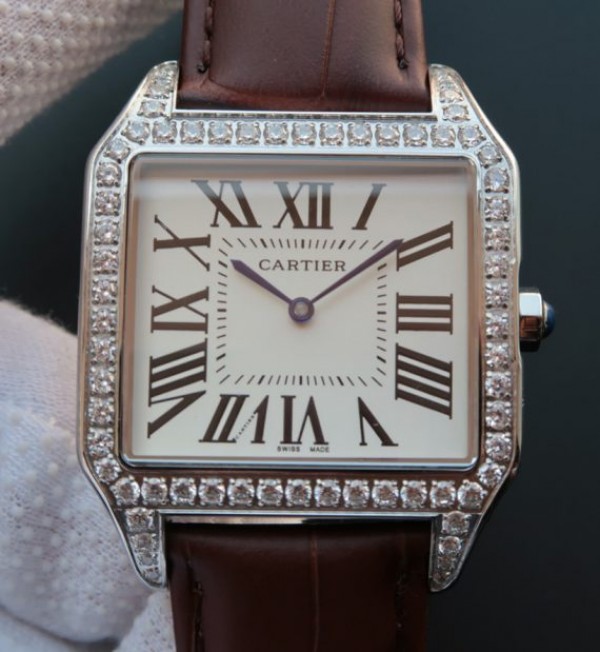 Replica Cartier Santos WH100651 Diamond SS White Dial Leather Strap A9015 - Top club