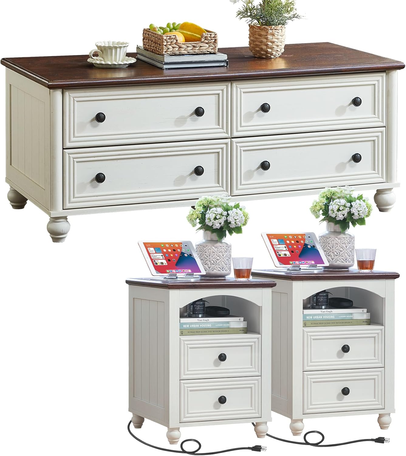 Farmhouse Coffee Table and Night Stand Set of 3,Wood 48