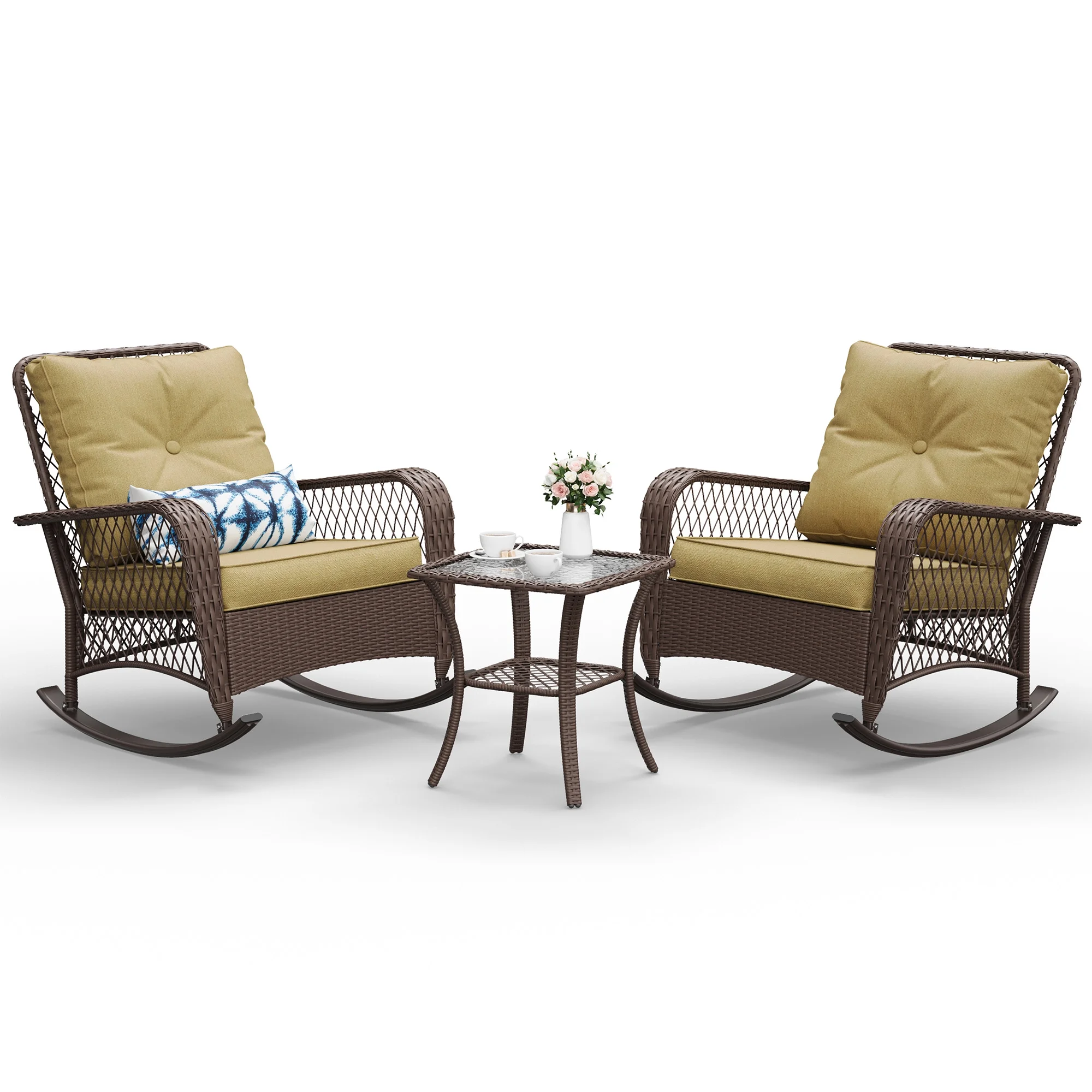 ELPOSUN 3-Piece Outdoor Rocking Chairs, Wicker Patio Furniture with Thickened Cushions and Table for Porch - Image 8
