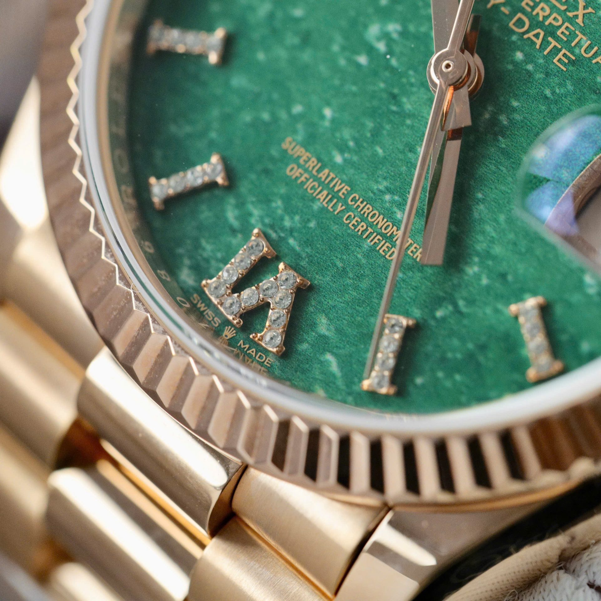 Rolex Day-Date 128235 Dial Aventurine Replica Watch Custom Gold Wrapped 36mm - Elite Watch Atelier