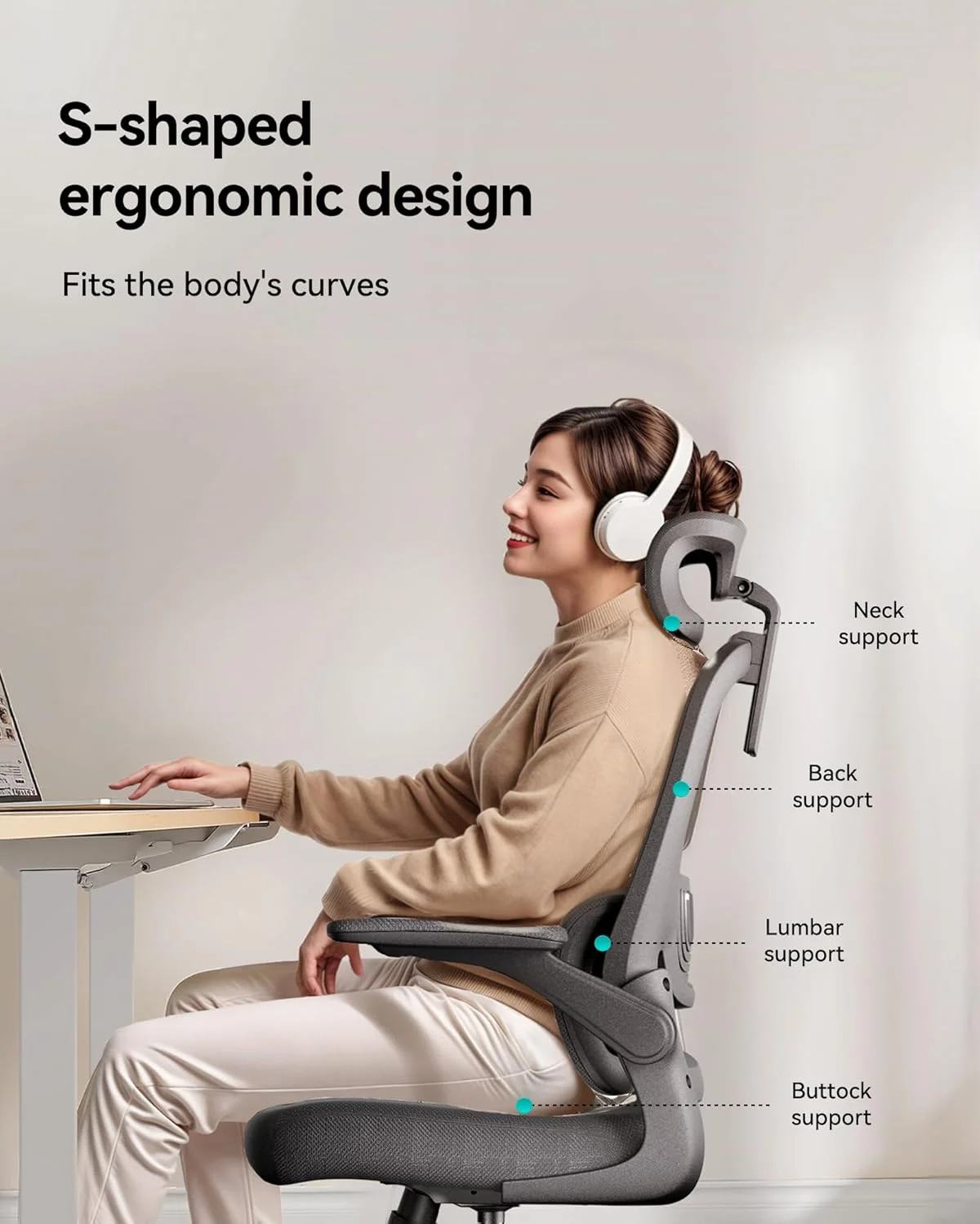 Hbada P1 Ergonomic Office Chair, Desk Chair with Adjustable Lumbar Support, Home Office Desk Chair with 2D Headrest, Flip-up Armrest, Swivel Computer Chair, Black - Image 4