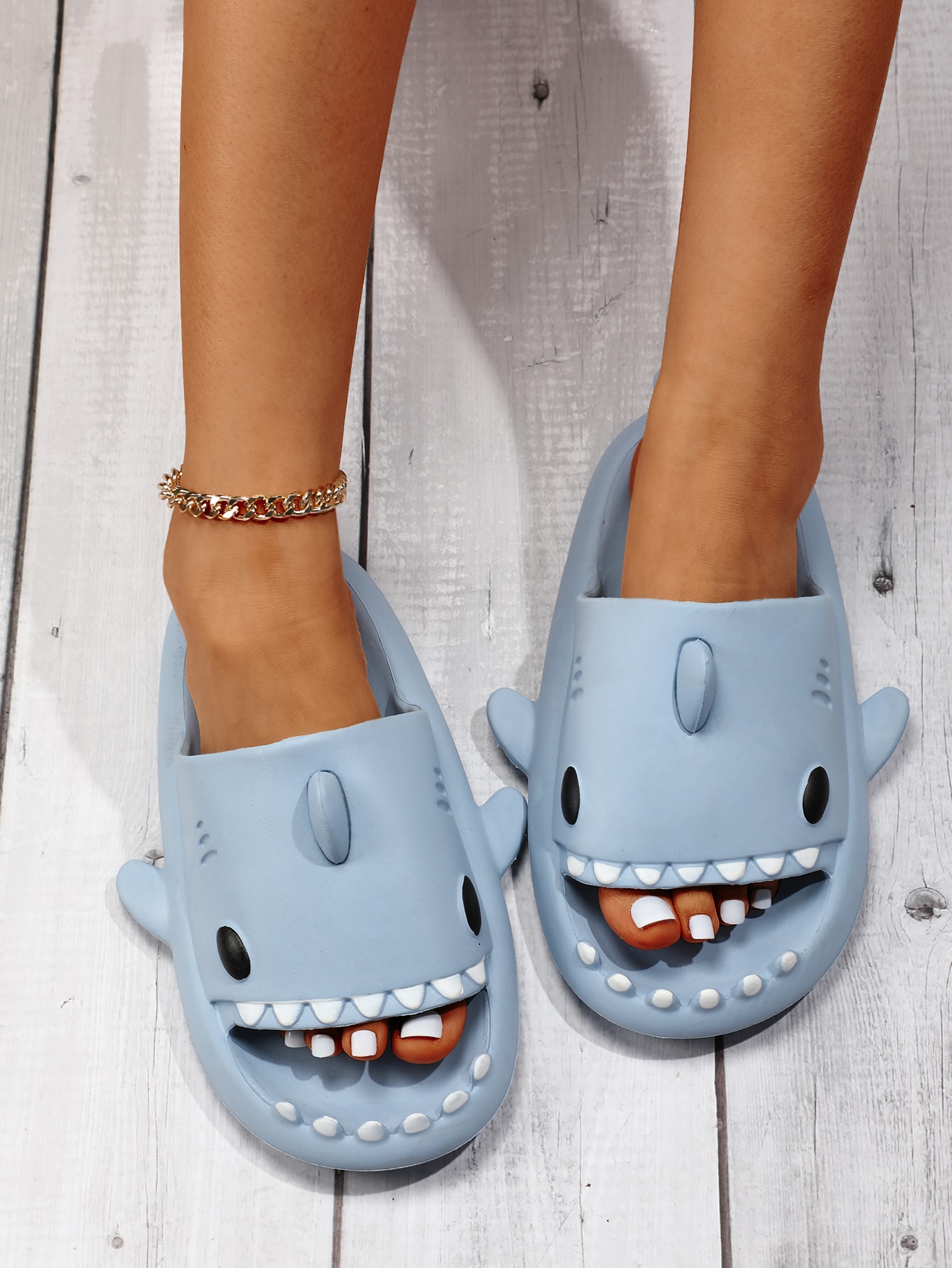 Women Blue Cartoon Shark Design Single Band Slides