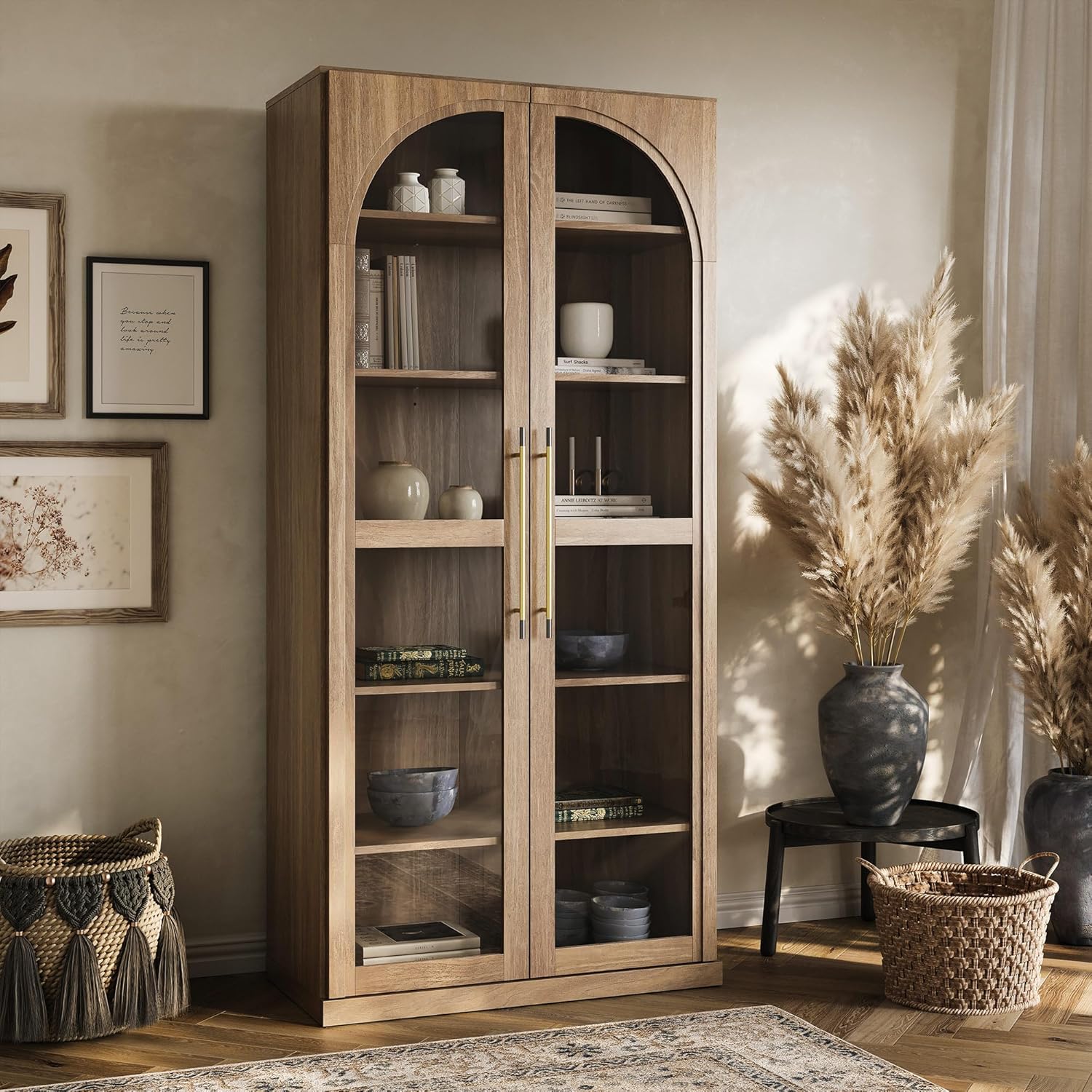 BELLEZE Modern Wood Wine Curio Cabinets with 4 Adjustable Shelves, 67