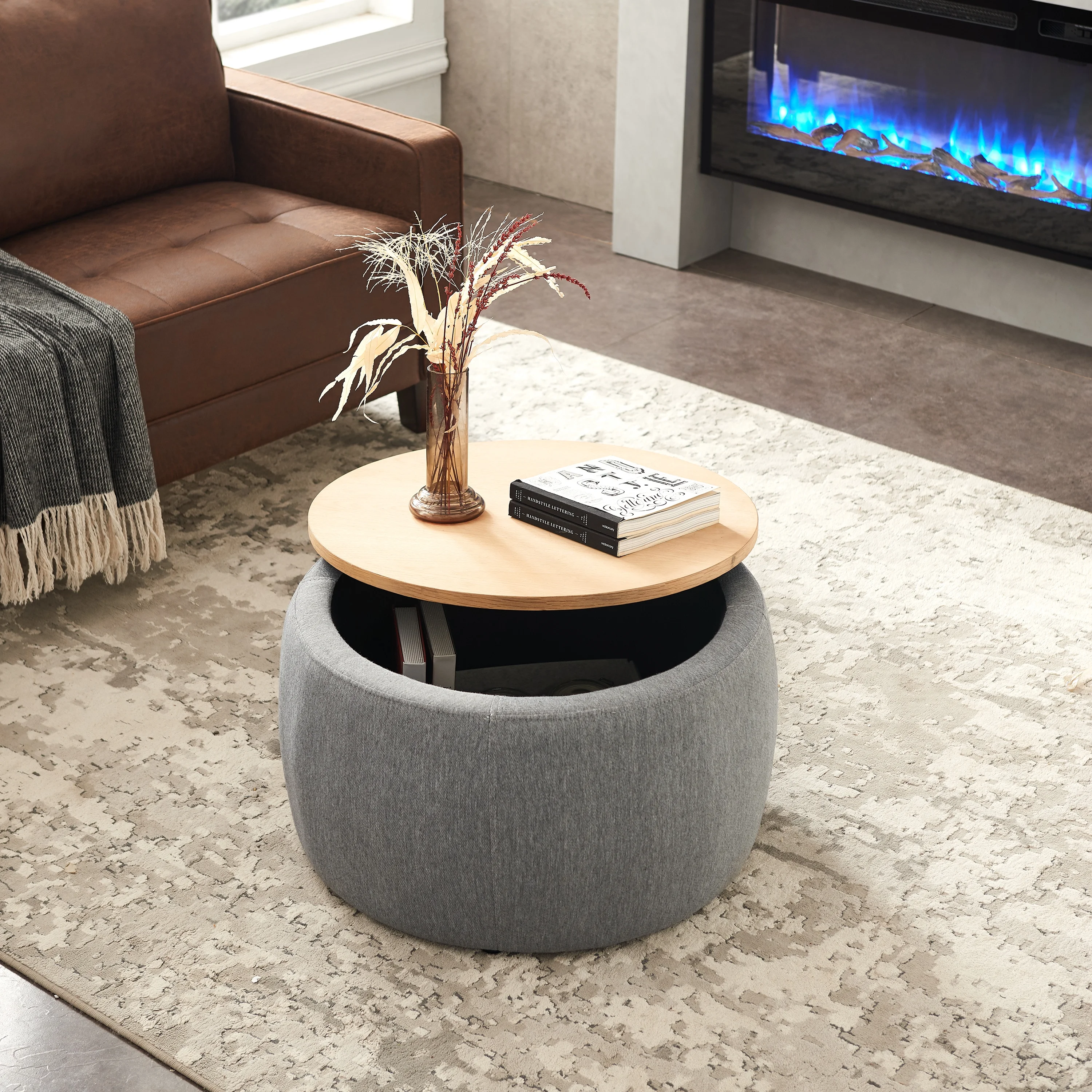 BTMWAYRound Coffee Table, 2 in 1 Round Storage Ottoman with Reversible Lid Tray, Upholstered Round Storage Ottoman Coffee Table with Storage, Footstool End Table for Living Room, Bedroom, Light Gray - Image 10