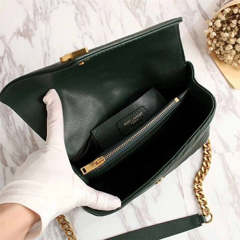 Saint Laurent Medium Classic College Chain Bag In Matelasse Leather Green Gold - 1:1High-quality replica