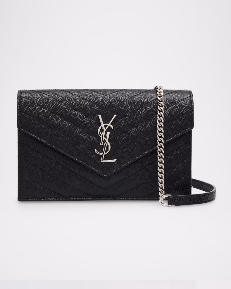 Saint Laurent Cassandre Envelope Chain Wallet - Black Chevron Leather, Silver Hardware - COZYMIZE