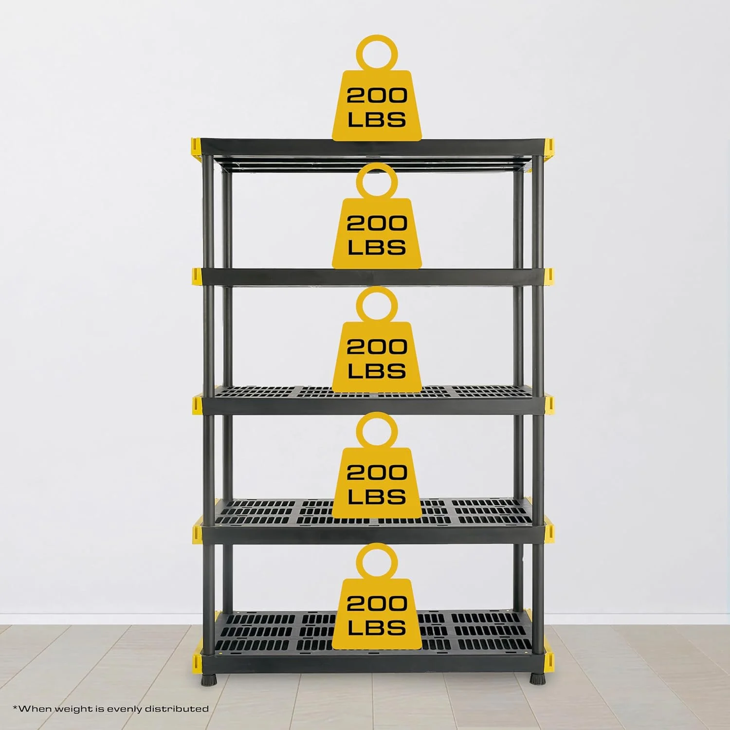 Black & Yellow, 5-Tier Heavy Duty Plastic Storage Shelving Unit, 200lbs/shelf (72��H x 48��W x 20��D), for Indoor/Outdoor Organization, Modular Rack - Image 4