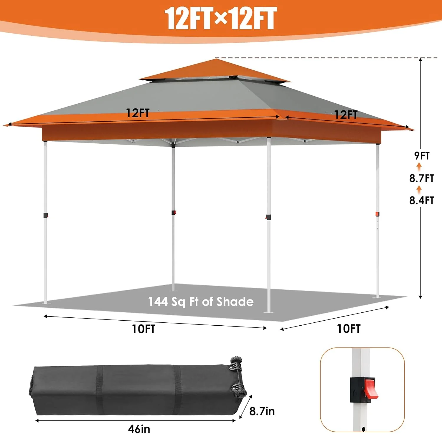 Pirecart 12' x 12' Pop-up Canopy Tent Waterproof Outdoor Gazebo Shelter with Wheeled Bag, Instand Canopy , White - Image 29