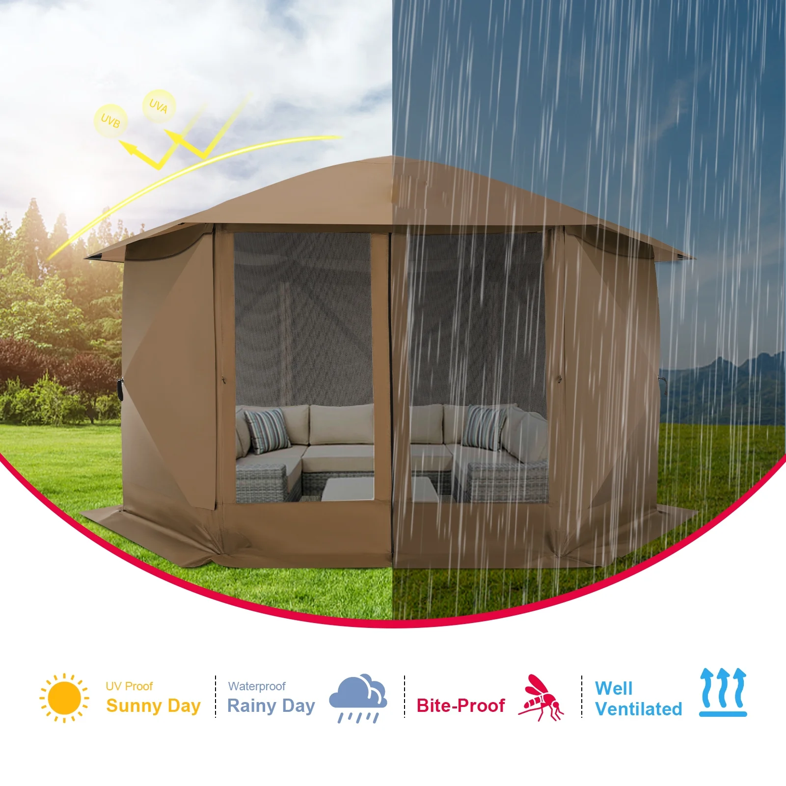 COBIZI 12'x12' Pop-up Gazebo Outdoor Camping Tent with 6 Sides Mosquito Netting, Waterproof, UV Resistant, Portable Screen House Room, Easy Set-up Party Tent with Carry bag, Ground Spike, Brown - Image 40