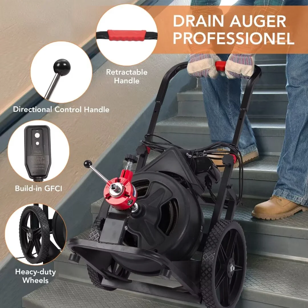 Drain Cleaner Machine 100FT x 1/2 Inch, Auto Feed Sewer Snake Auger on Wheels, with 6 Cutters, Electric Drain Clog Remover Plumbing Tool for 1-4