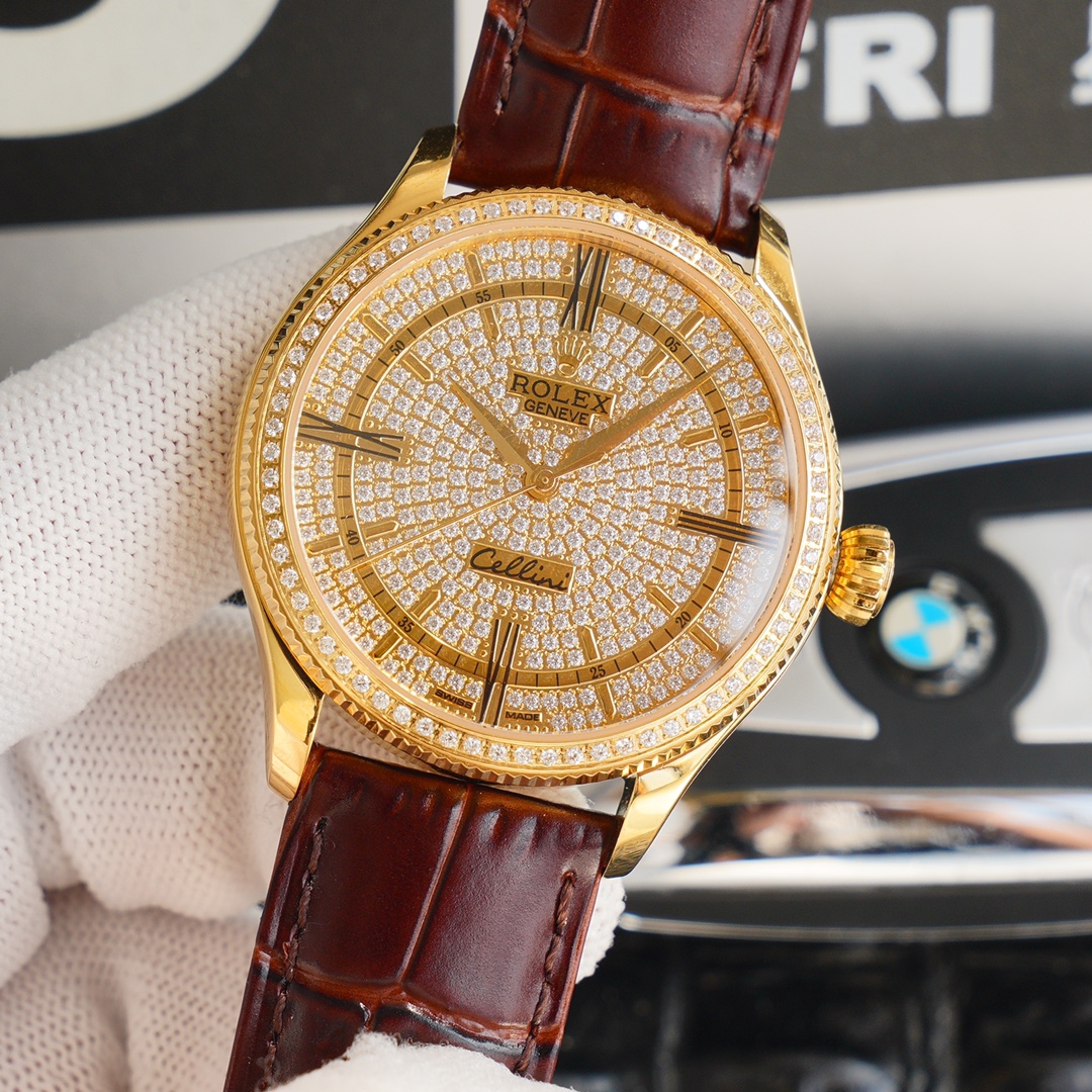 Rolex Cellini Full Star Collection-39.5mm-Imported Italian cowhide leather(1:1 replica) - Elite Watch Atelier