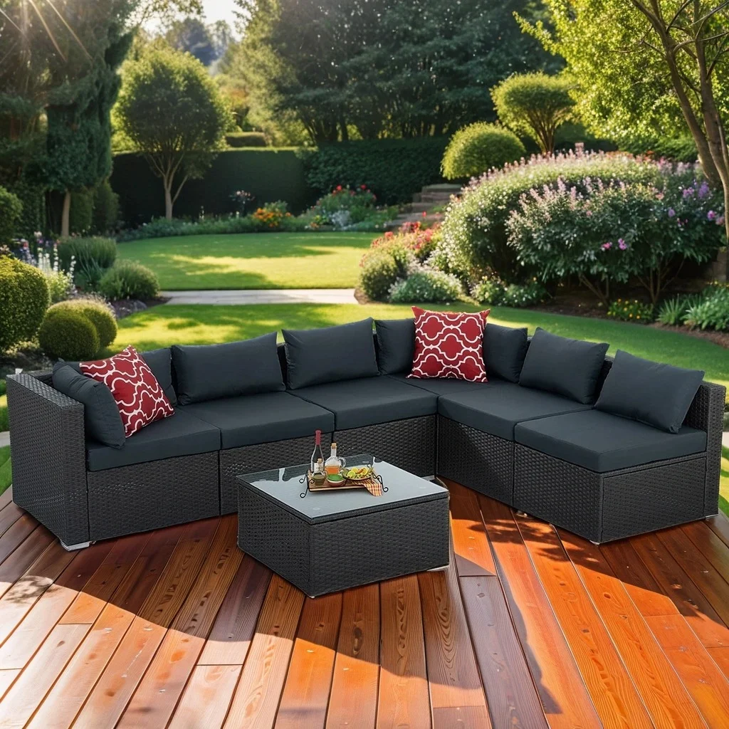 7 Pieces Outdoor Patio Furniture Set, Outdoor Sectional Rattan Sofa, PE Manual Weaving Wicker Patio Conversation Set with Cushion, Glass Table, Pillow, Dark Gray