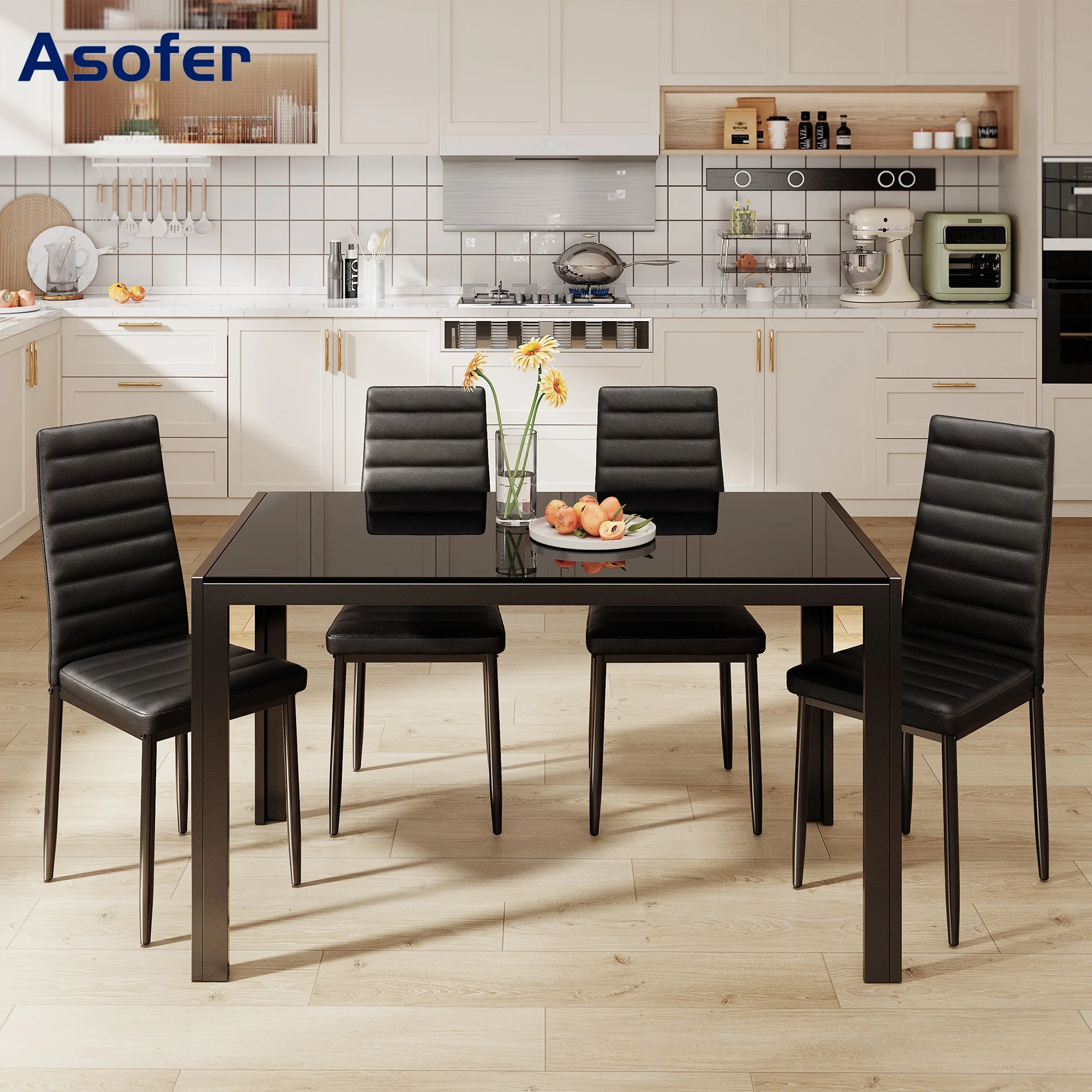 Asofer Modern 7 Piece Dining Table Sets for 6, Glass Kitchen Table, PU Leather Chair, Dining Room, Black - Image 25