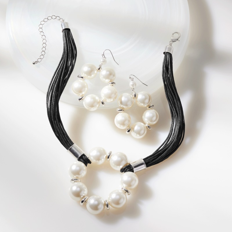 Faux-Pearl/Faux-Leather Cord Necklace & Earring Set - MIDNIGHT VELVET CATALOG