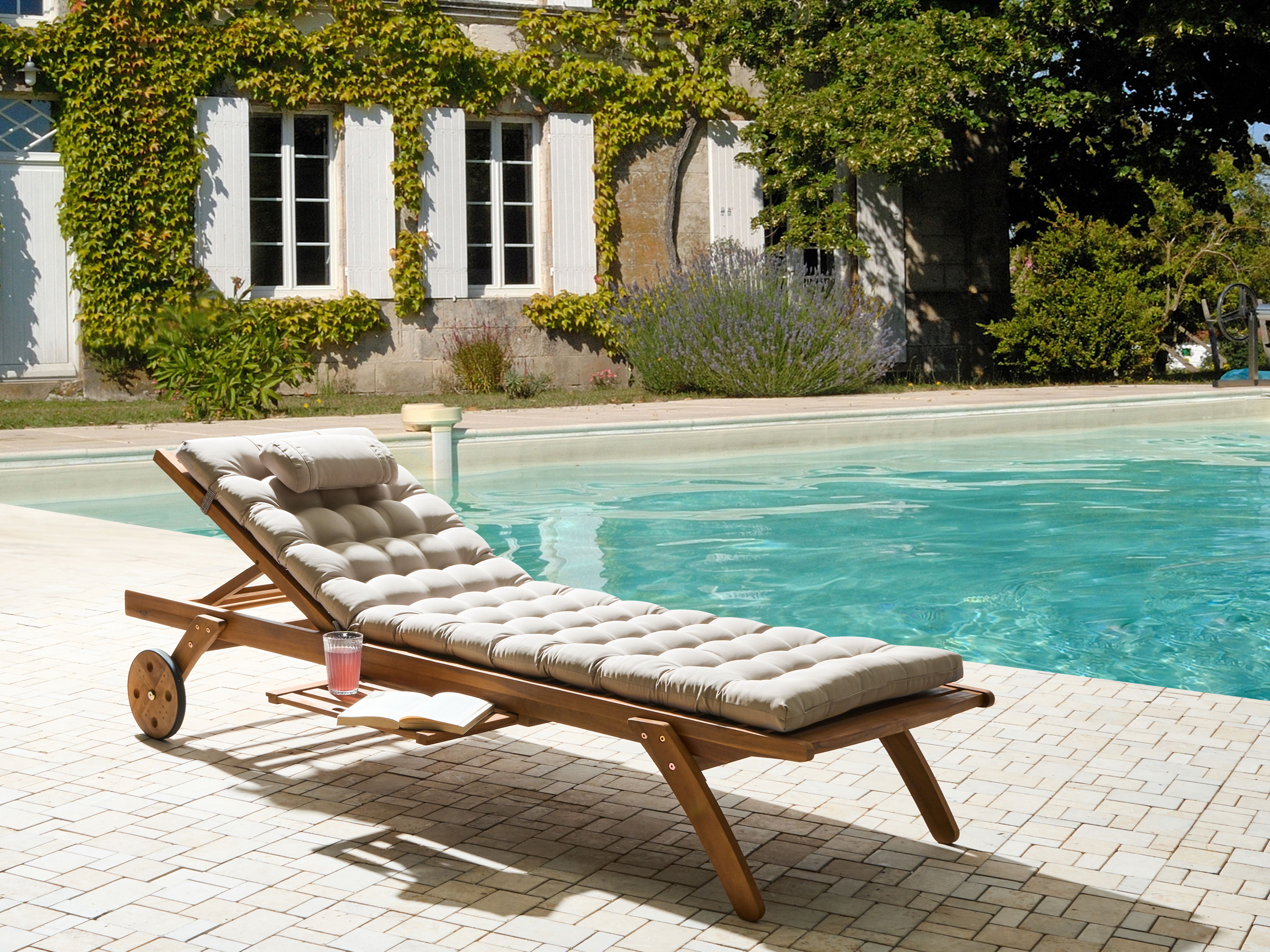 Sun Lounger with Cushion CESANA PREMIUM Acacia Wood Taupe