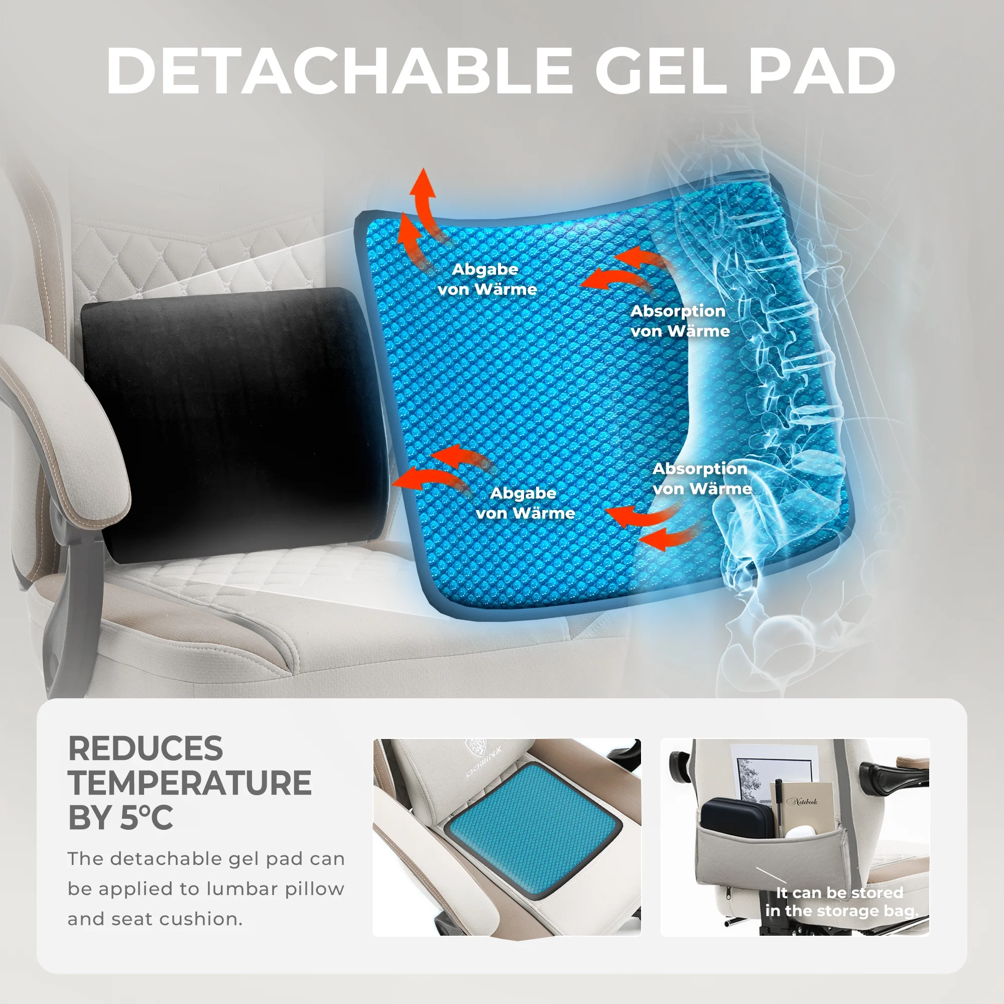 Dowinx Gaming Chair with Pocket Spring Cushion, Breathable Fabric Computer Chair with Gel Pad, Comfortable Office Chair with Storage Bag, Massage Game Chair with Footrest, Green - Image 21