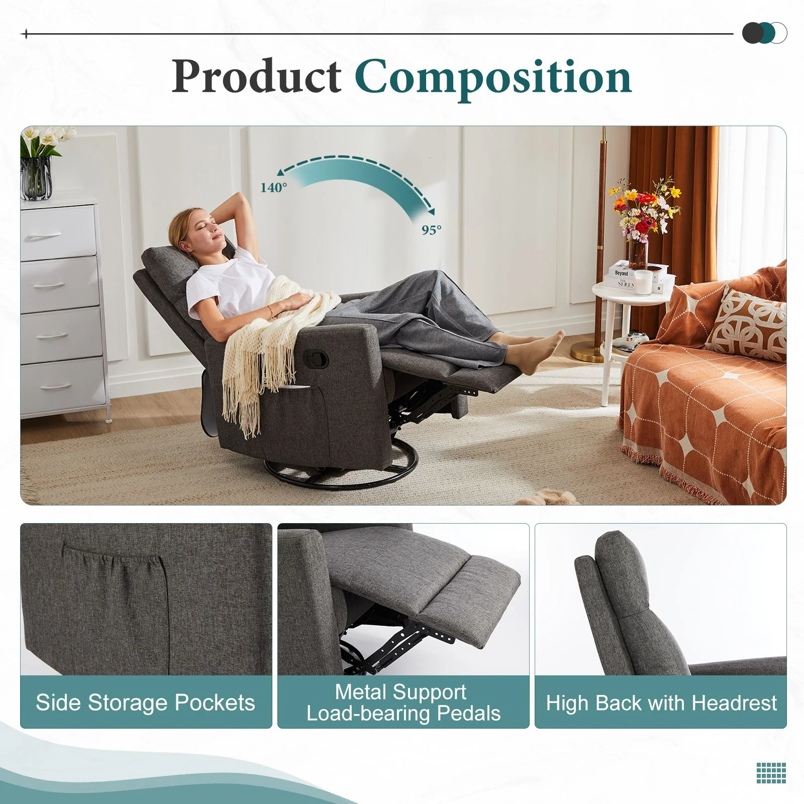 Recliner Message Chair with Footrest, Swivel Rocking Glider, High Back Upholstered Deep Seat for Living Room, Grey - Image 12