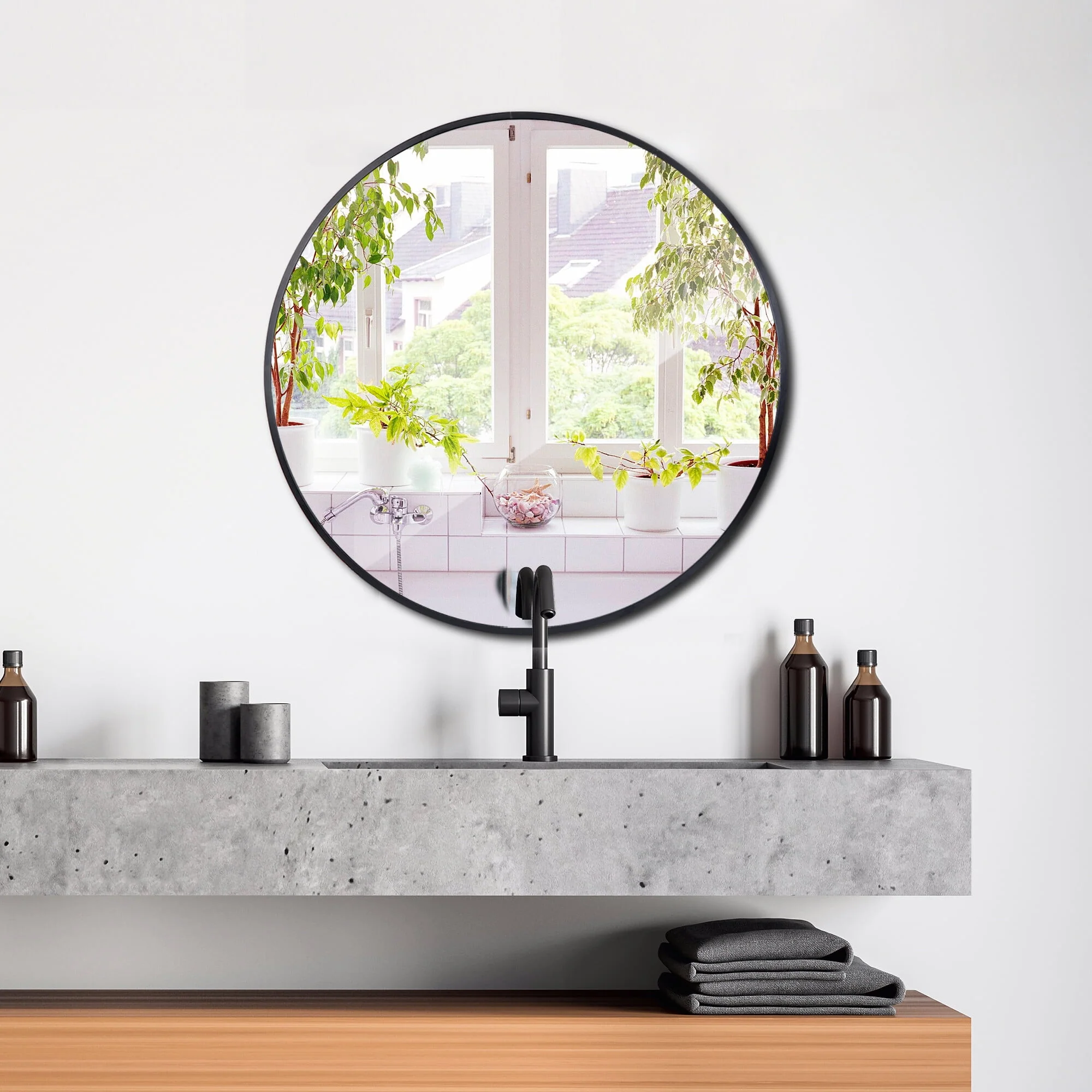HomGarden 24'' Circle Wall Mirror, Modern Black Framed Round Vanity Mirror Home Décor