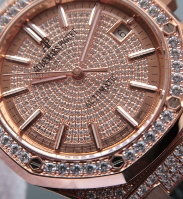 Replica Audemars Piguet JF Royal Oak 37mm 15452 RG Full Paved Diamonds Leather Strap A3120 - Elite Watch Atelier