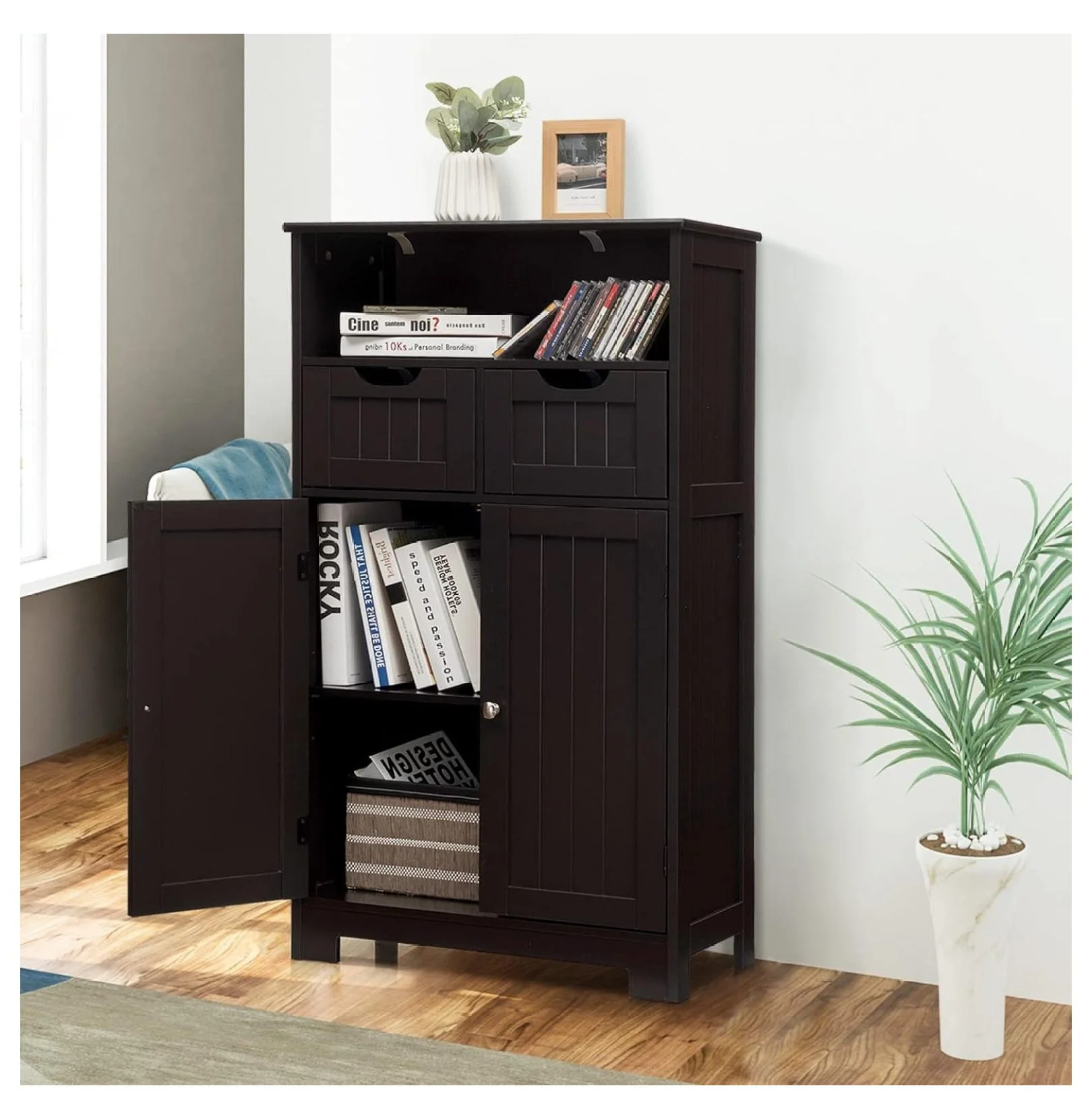 Freestanding Wooden Storage Cabinet with 2 Drawers & Adjustable Shelf for Bathroom, Living Room, Bedroom, Kitchen - Brown