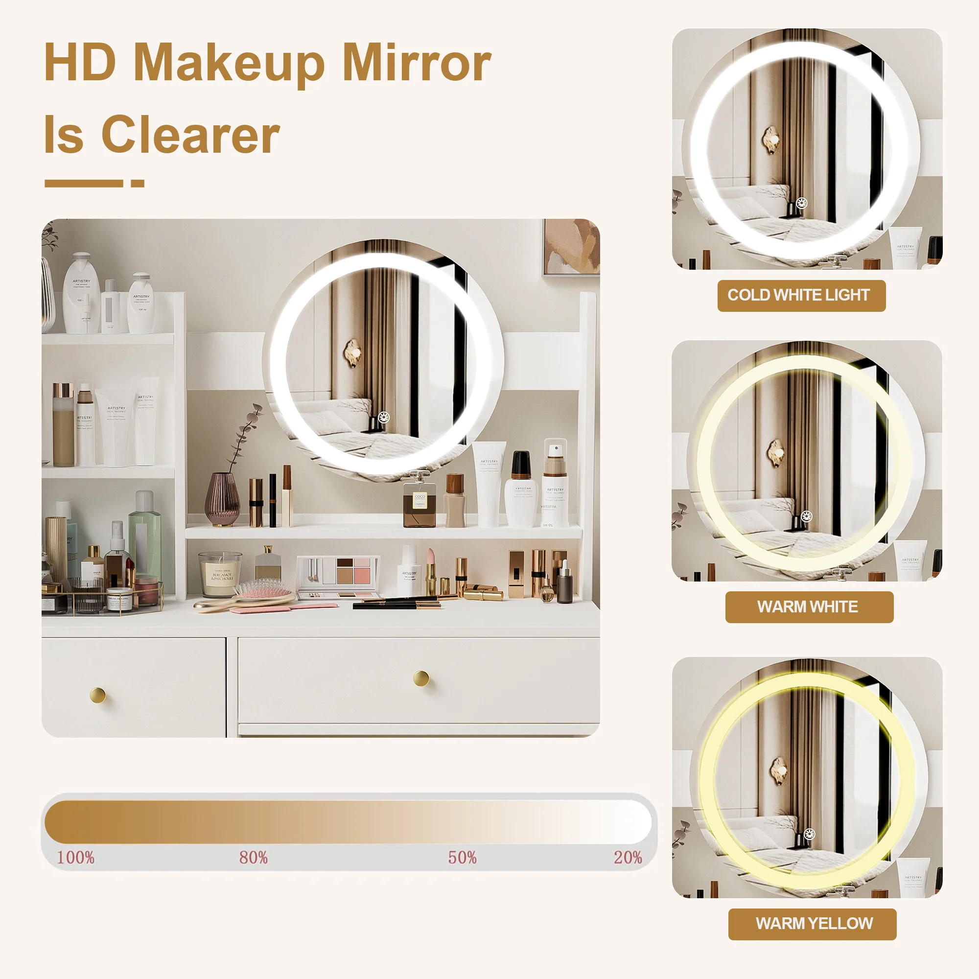 Montary Modern Mini Vanity w/Adjustable LED Mirror + Hidden Storage, Padded Stool & Dustproof Shelves (White) - Image 107