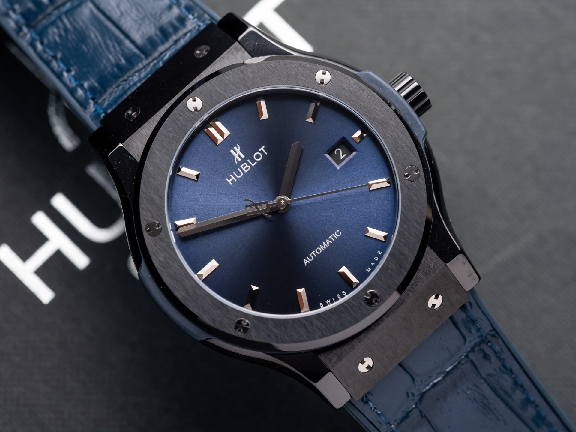 Hublot Classic Fusion Ceramic Blue Dial Replica Watch Leather Strap GS Factory 42mm - Elite Watch Atelier