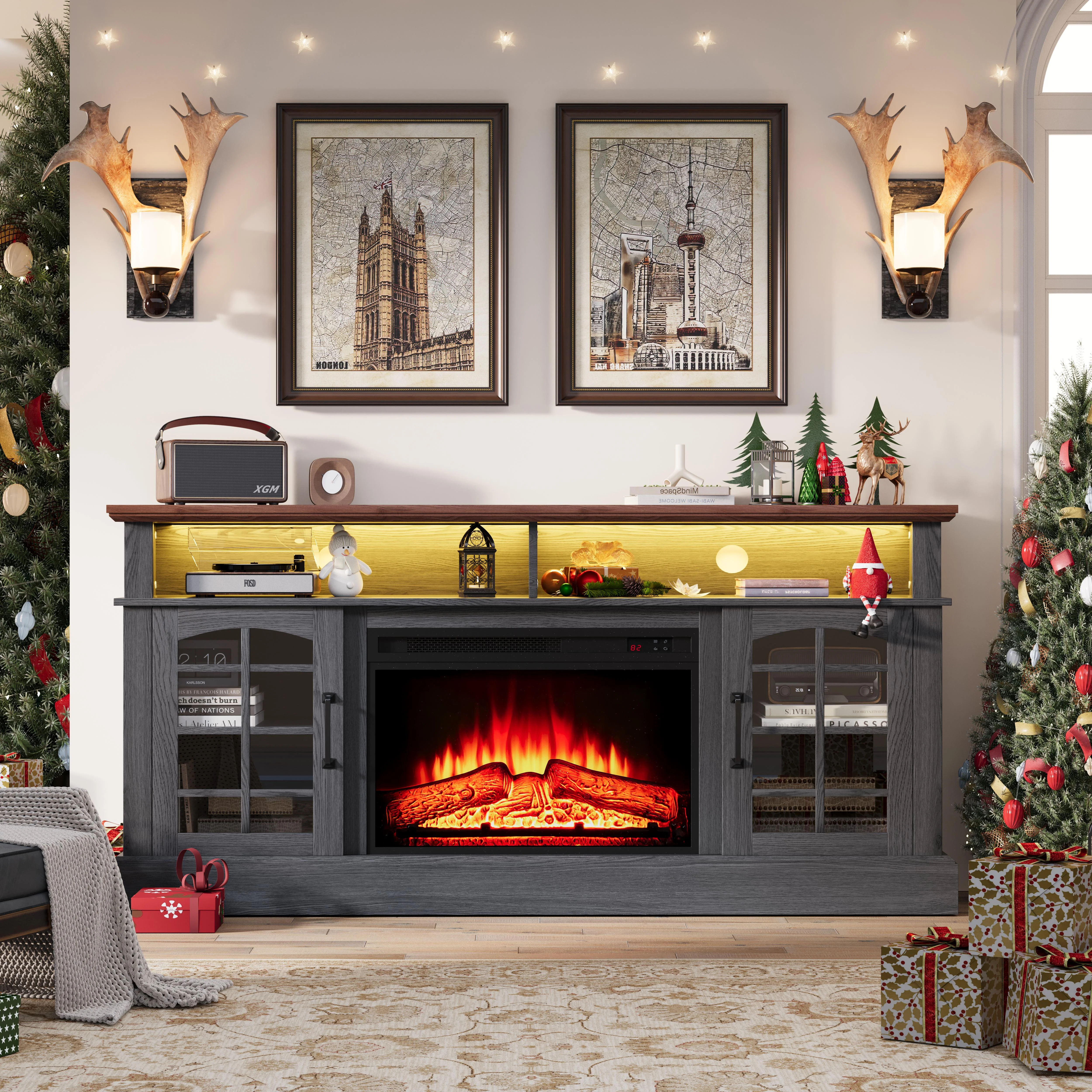 Paproos Fireplace TV Stand for 65 inch TV, TV Stand with 23'' Fireplace and LED Lights, Entertainment Center for Living Room, 400 Sqt Heating Area, Black&Brown