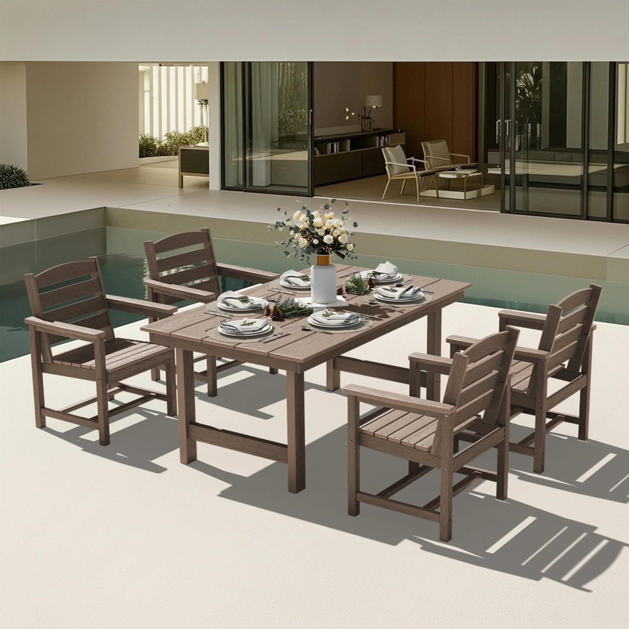 KINGYES 7-Piece Outdoor Dining Set, HDPE Patio Table and Chairs with Umbrella Hole, Gray - Image 33