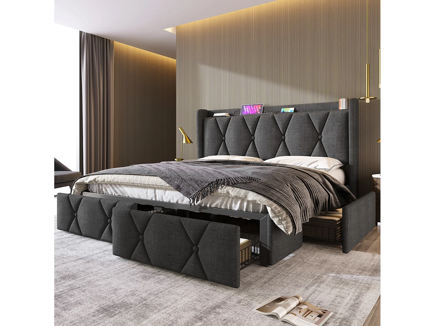 Lit capitonné 140 x 200 cm avec tête de lit et 4 tiroirs - USB - tissu en lin - gris
