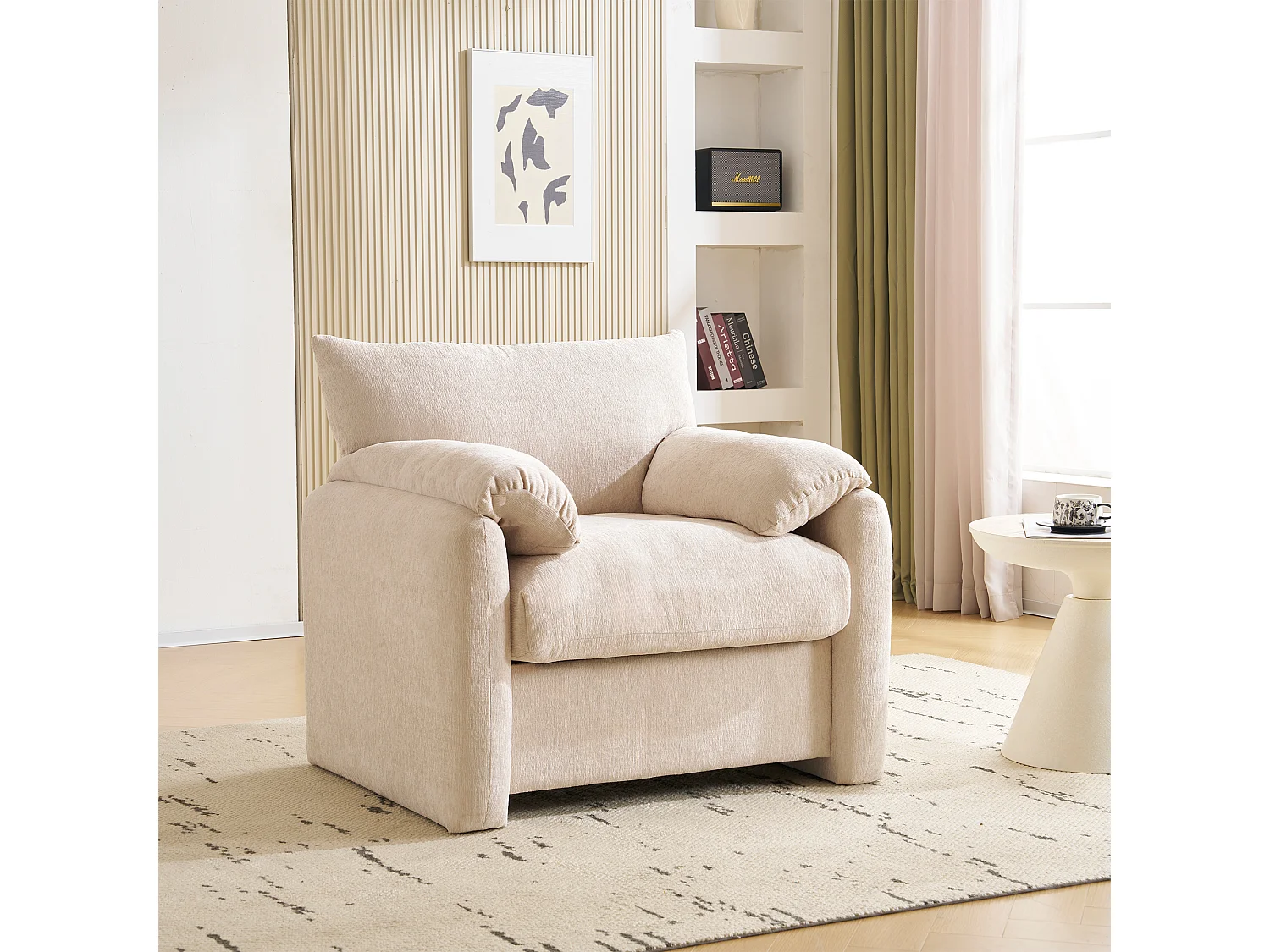 Fauteuil 96x82x84 cm, assise extra large, coussins daccoudoirs, tissu chenille, beige