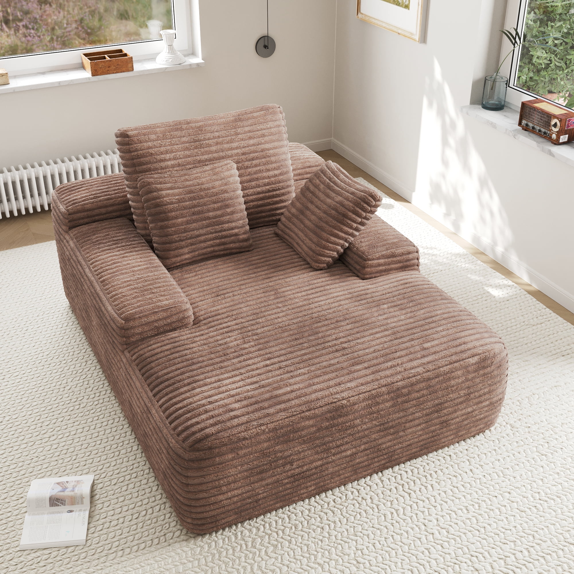 Sodrens Oversized Chaise Lounge Chair Indoor,Upholstered Sofa Bed with Throw Pillows and Armrests,Sleeper Chair for Living Room,Bedroom,Brown,Corduroy - Image 4