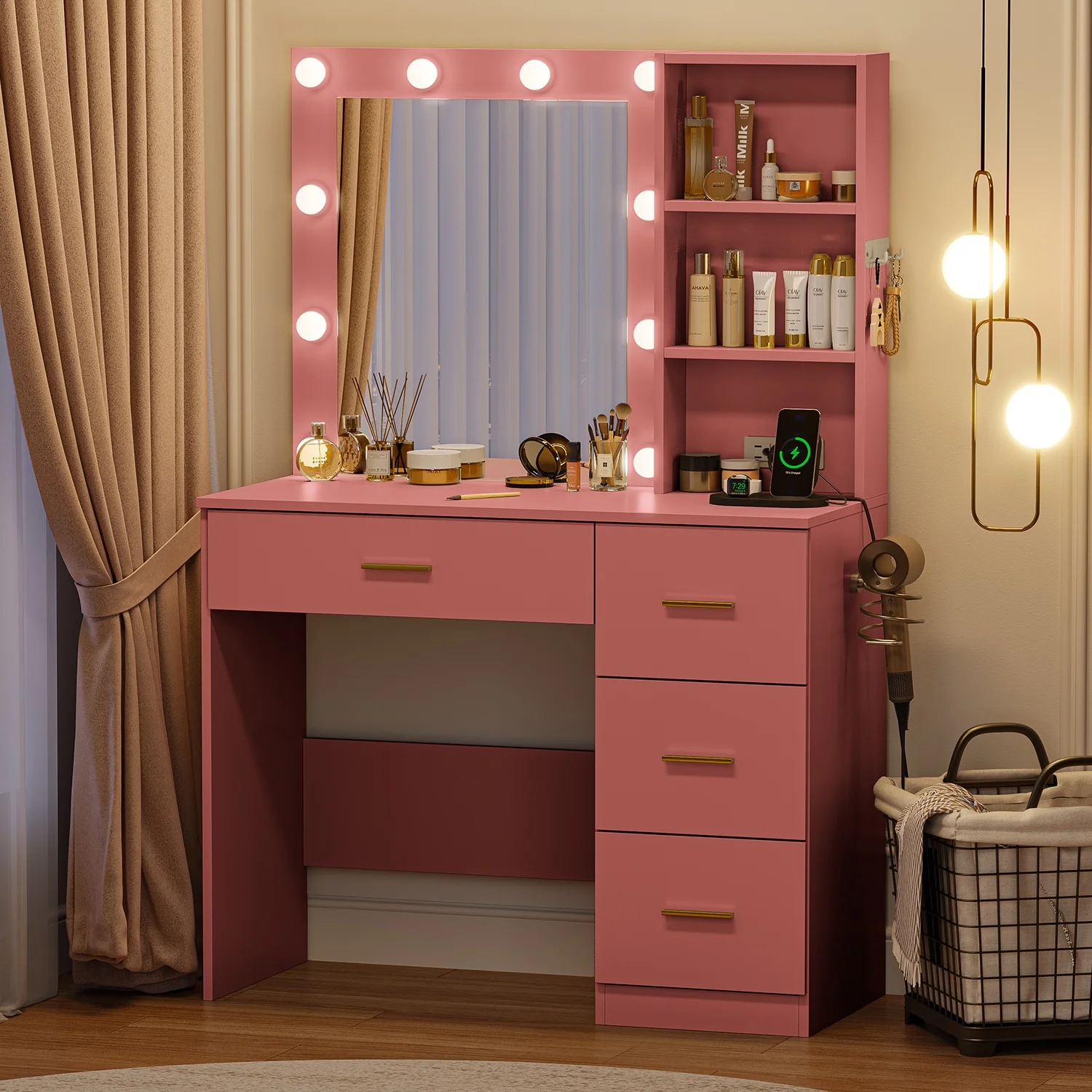 Makeup Vanity with Mirror and 3 Color Lights,Vanity Dressing Table with USB Charging Station,4 Drawers,Open Storage Shelves,White - Image 12