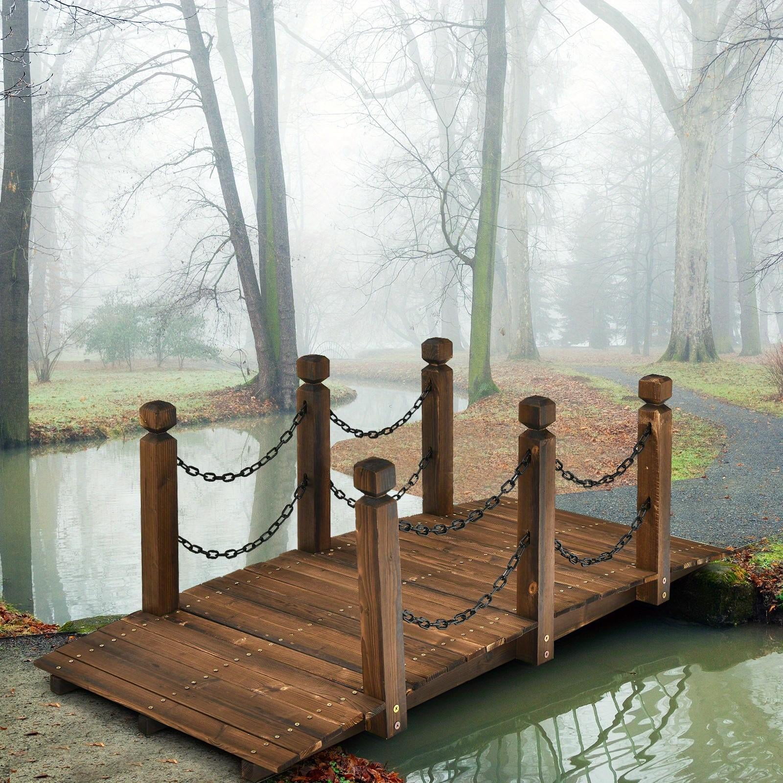 5ft Rustic Wooden Garden Bridge with Railings �C Sturdy Fir Footbridge, Weather-Resistant Outdoor Walkway for Weddings, Home Decor, and Gardens, Supports Up to 500 lbs, Natural Brown Finish