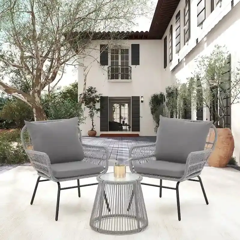 3-Piece Outdoor Rattan Bistro Set With Glass-Top Table, Wide-Arm Chairs And Seat Cushions - Image 4 3-Piece Outdoor Rattan Bistro Set With Glass-Top Table, Wide-Arm Chairs And Seat Cushions - Image 4