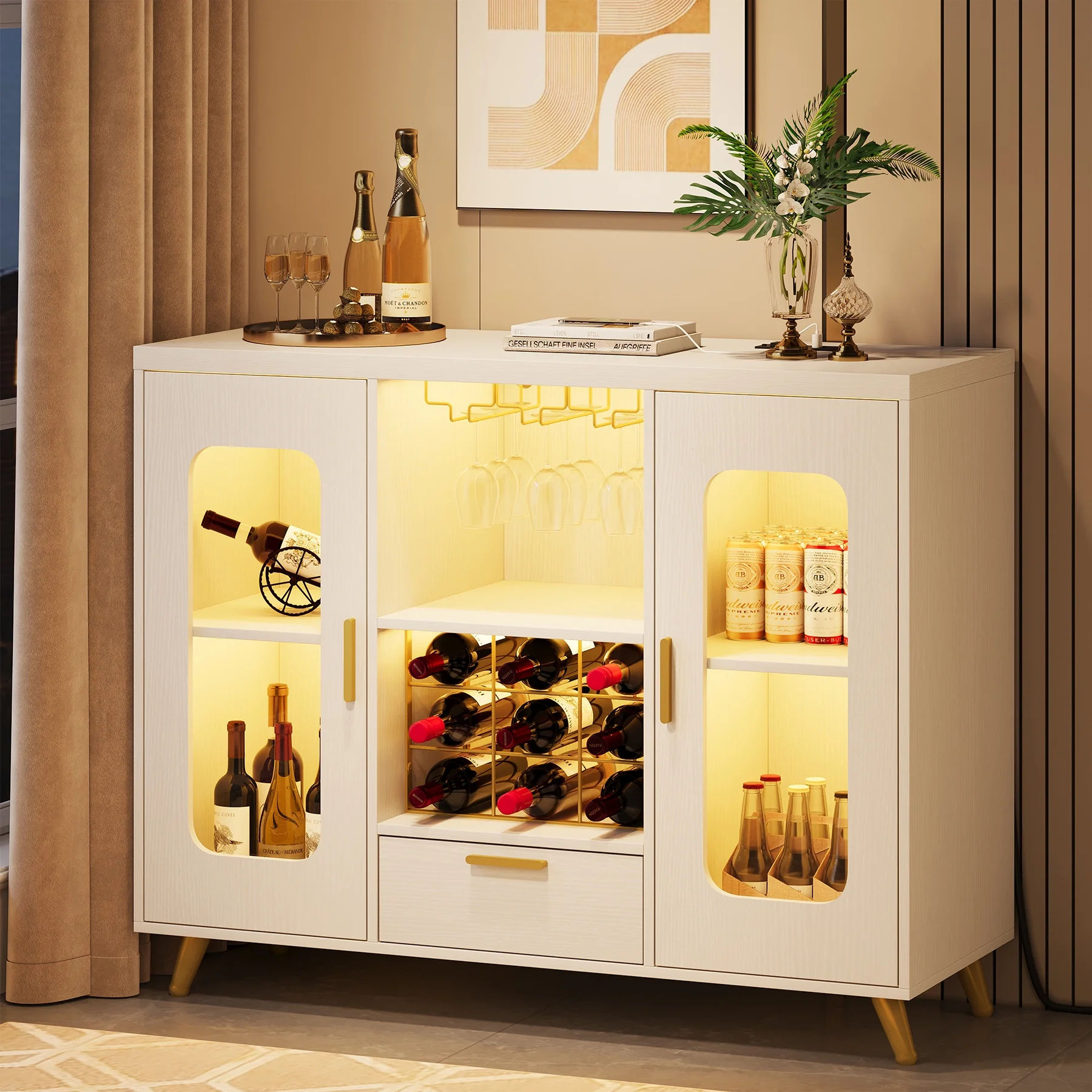 Condemo Wine Bar Cabinet with LED Light & Power Outlet, Liquor Cabinet with Wine Rack and Glass Holder for Dining Room, Living Room, Kitchen, White