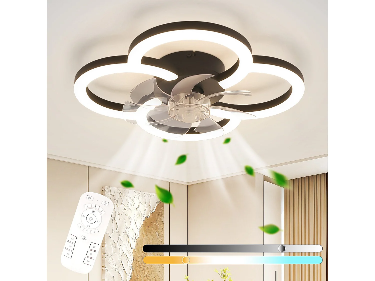 Ventilateur de plafond LED NETTLIFE avec éclairage - 40 W silencieux noir avec télécommande, variateur d'intensité, minuterie à 6 vitesses